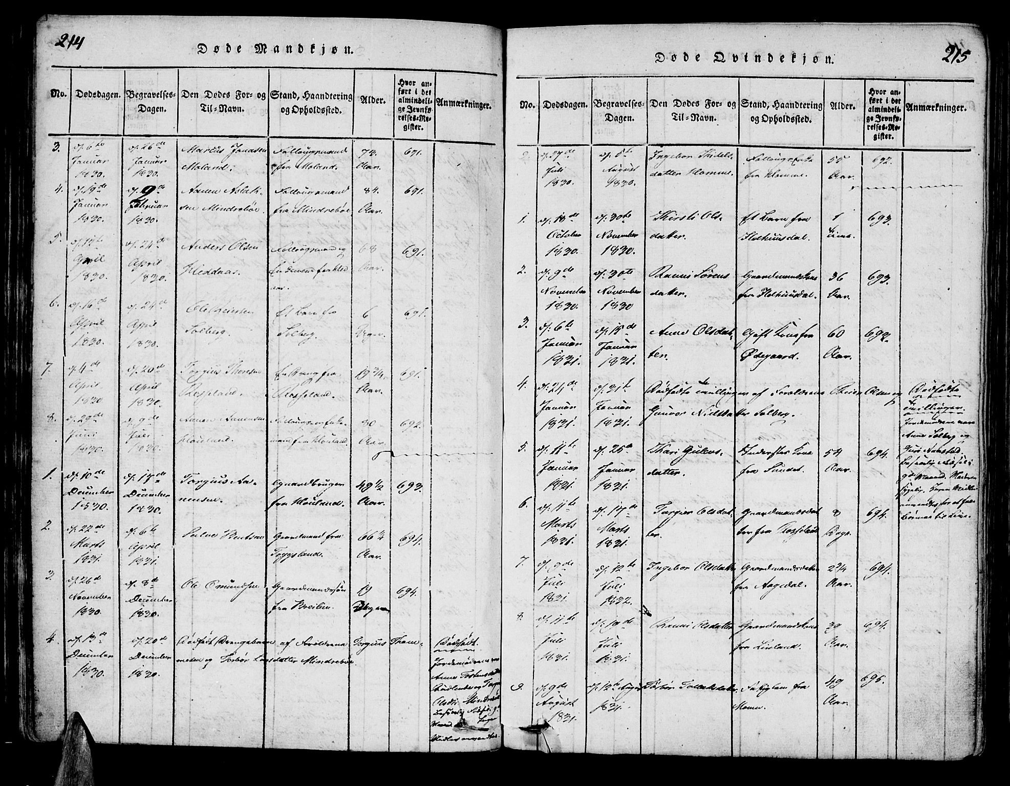 Bjelland sokneprestkontor, SAK/1111-0005/F/Fa/Faa/L0002: Parish register (official) no. A 2, 1816-1866, p. 214-215