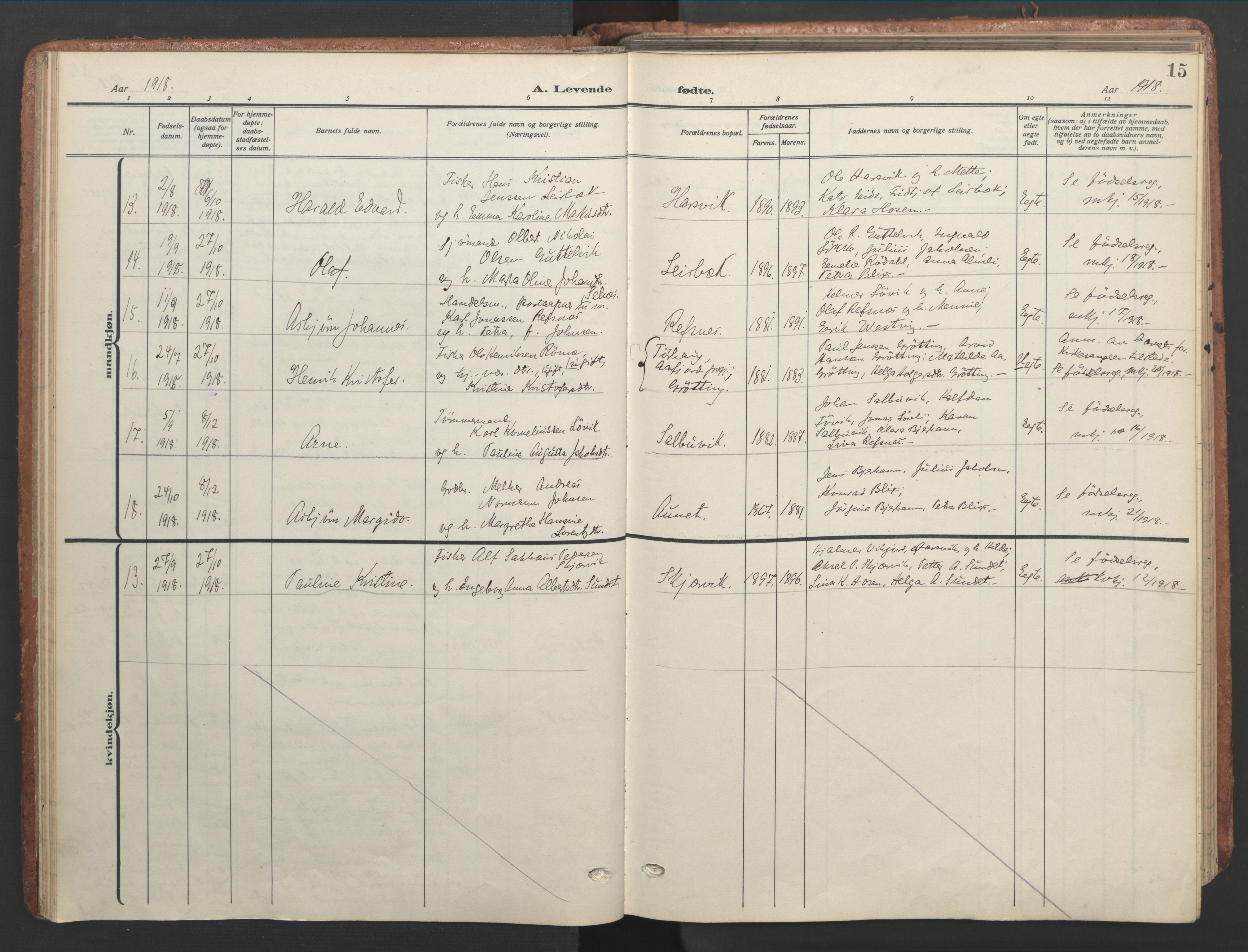 Ministerialprotokoller, klokkerbøker og fødselsregistre - Sør-Trøndelag, AV/SAT-A-1456/656/L0694: Parish register (official) no. 656A03, 1914-1931, p. 15