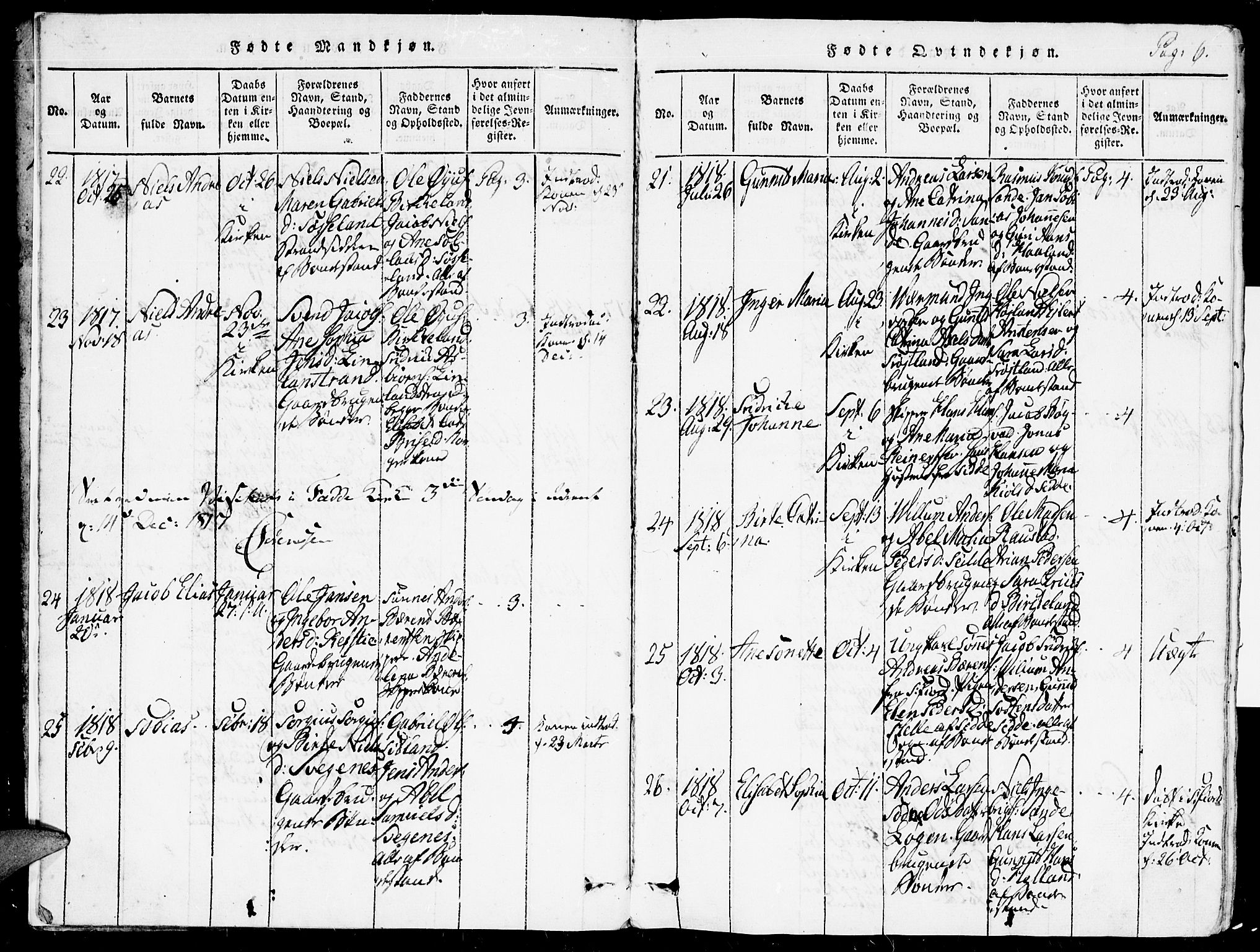 Kvinesdal sokneprestkontor, SAK/1111-0026/F/Fa/Faa/L0001: Parish register (official) no. A 1, 1815-1849, p. 6