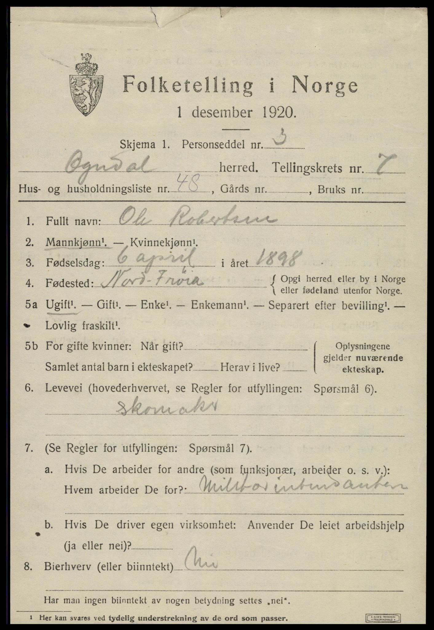 SAT, 1920 census for Ogndal, 1920, p. 3329