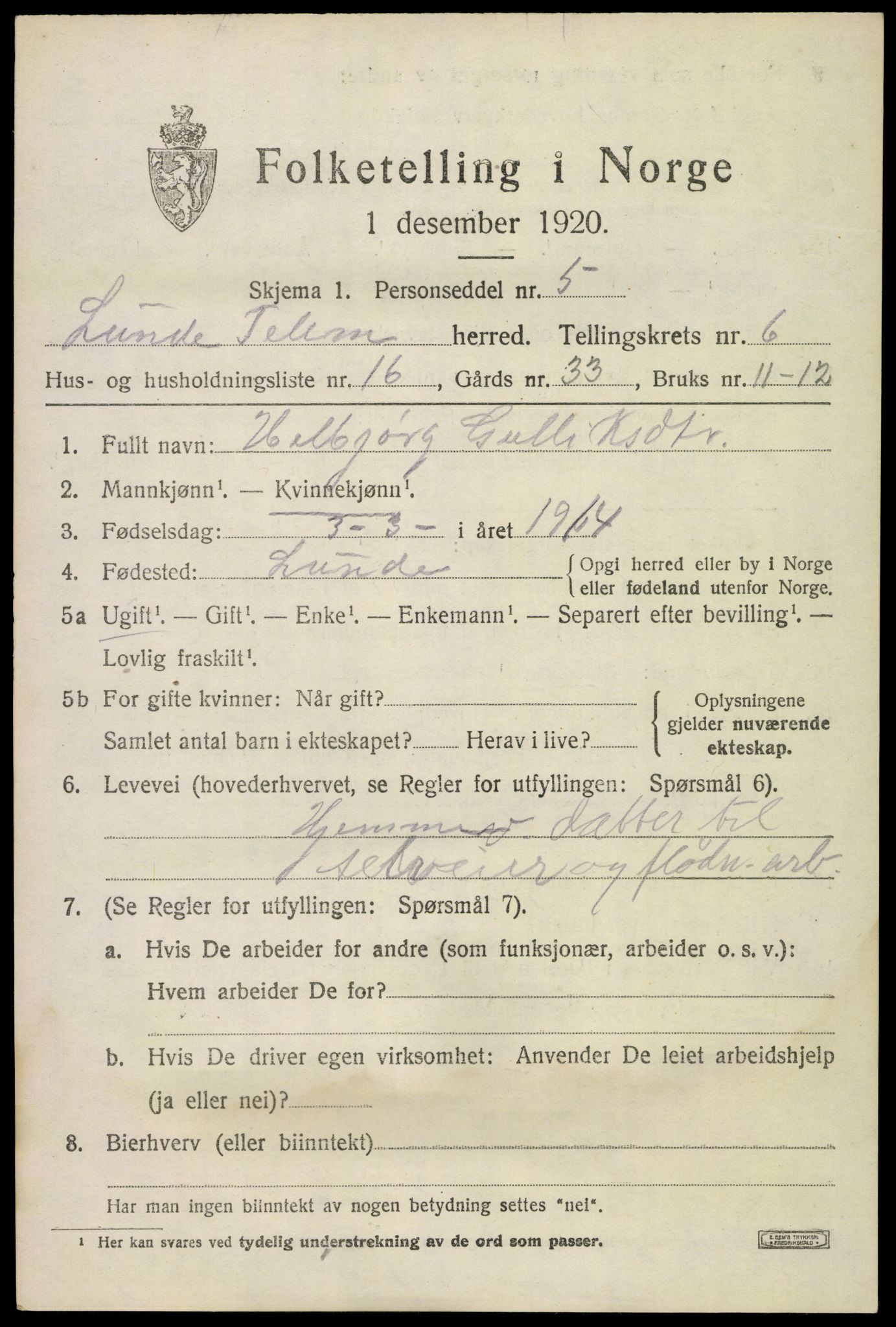 SAKO, 1920 census for Lunde, 1920, p. 4429