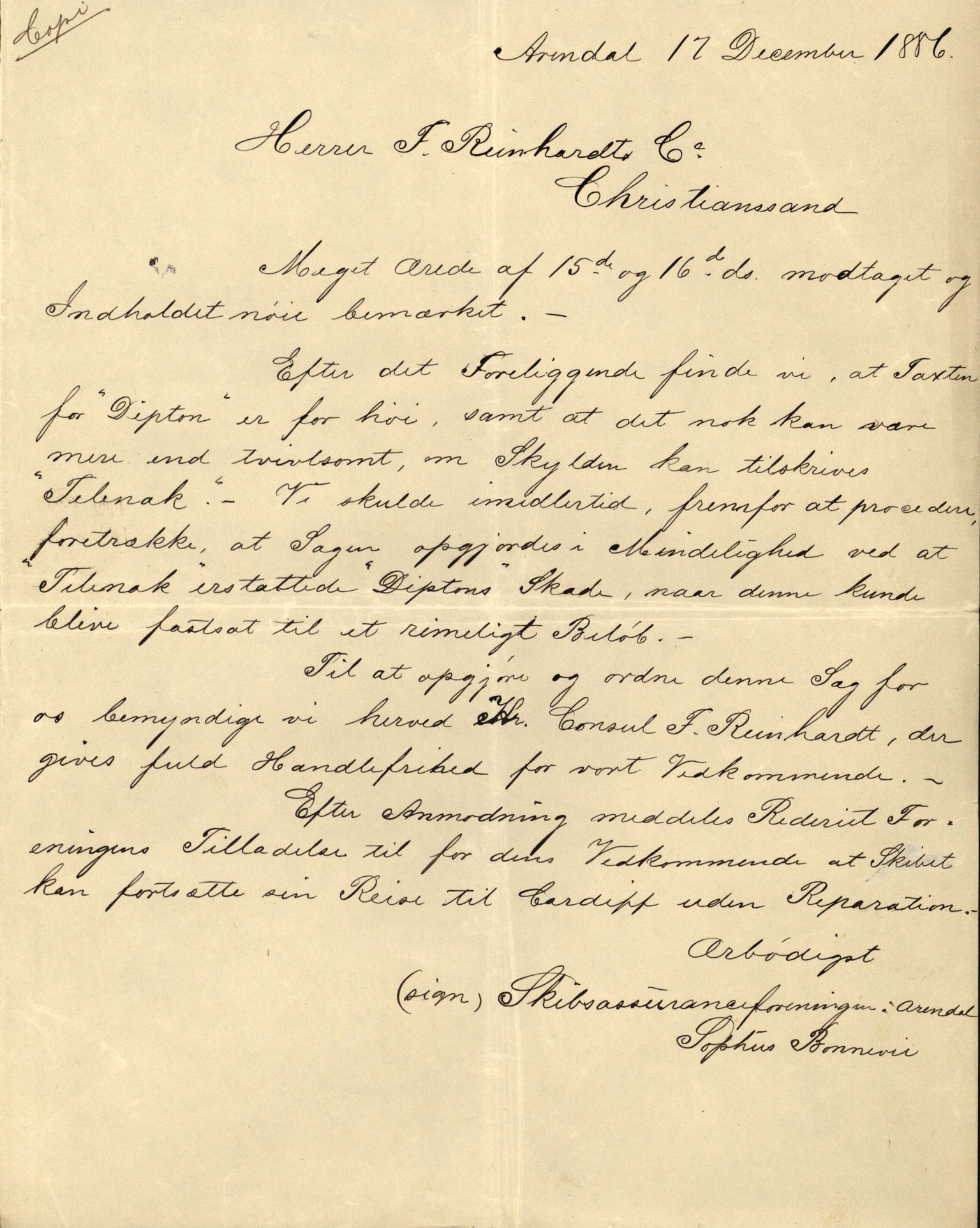 Pa 63 - Østlandske skibsassuranceforening, VEMU/A-1079/G/Ga/L0019/0001: Havaridokumenter / Telanak, Telefon, Ternen, Sir John Lawrence, Benguela, 1886, p. 22