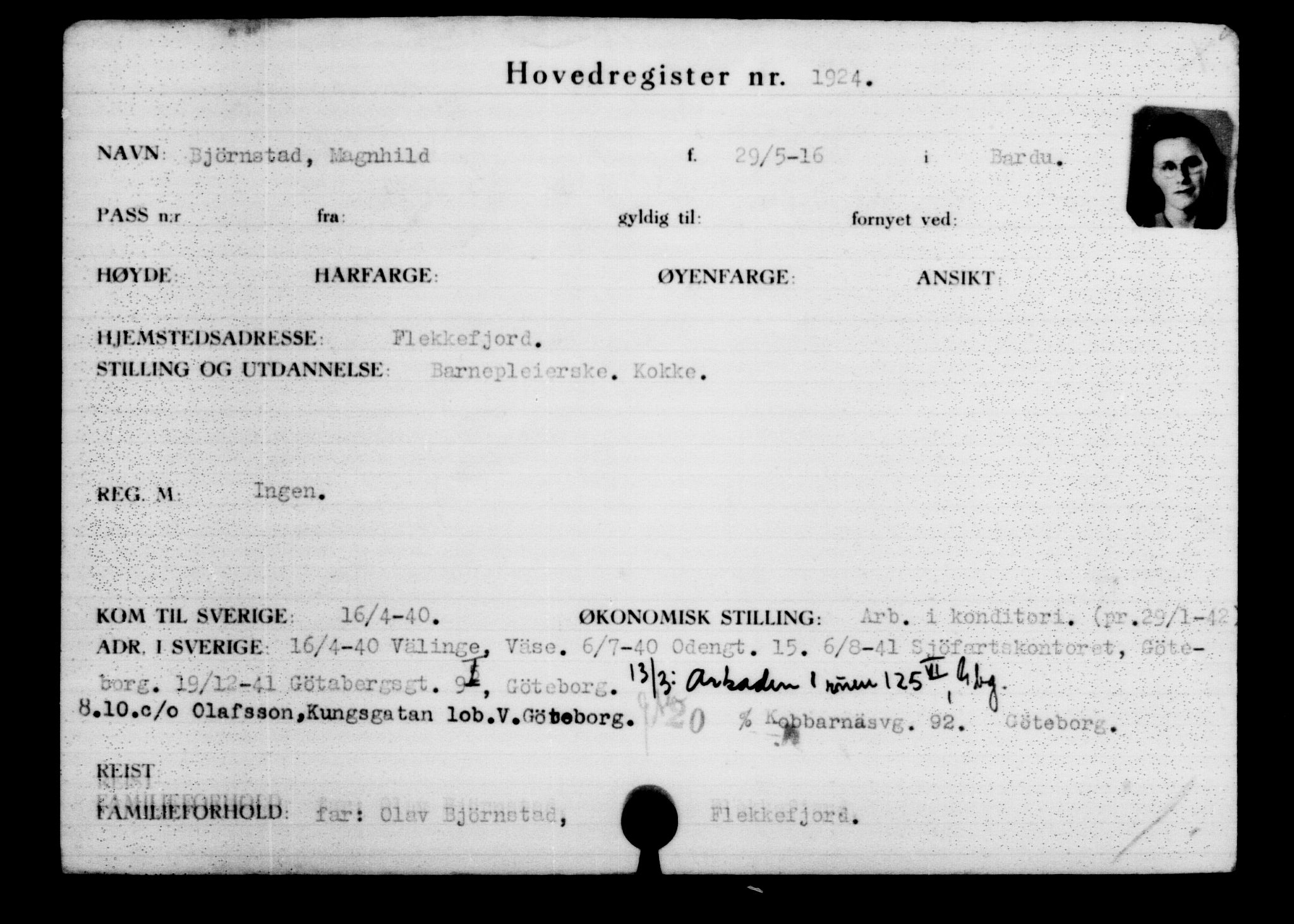 Den Kgl. Norske Legasjons Flyktningskontor, AV/RA-S-6753/V/Va/L0002: Kjesäterkartoteket.  Flyktningenr. 1001-2000, 1940-1945, p. 1316