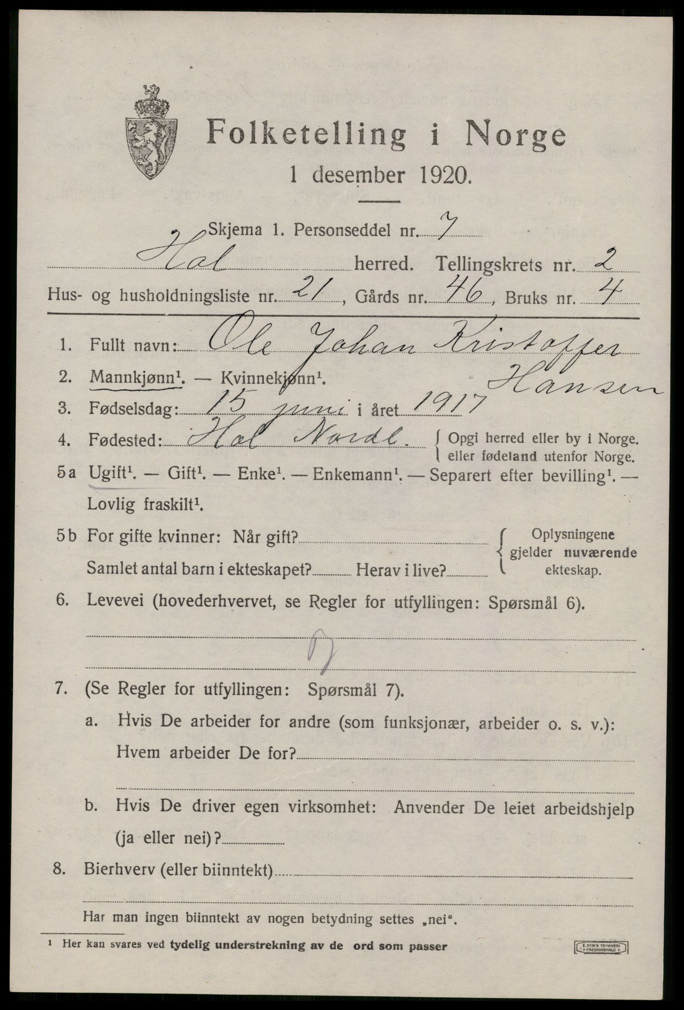 SAT, 1920 census for Hol, 1920, p. 2377