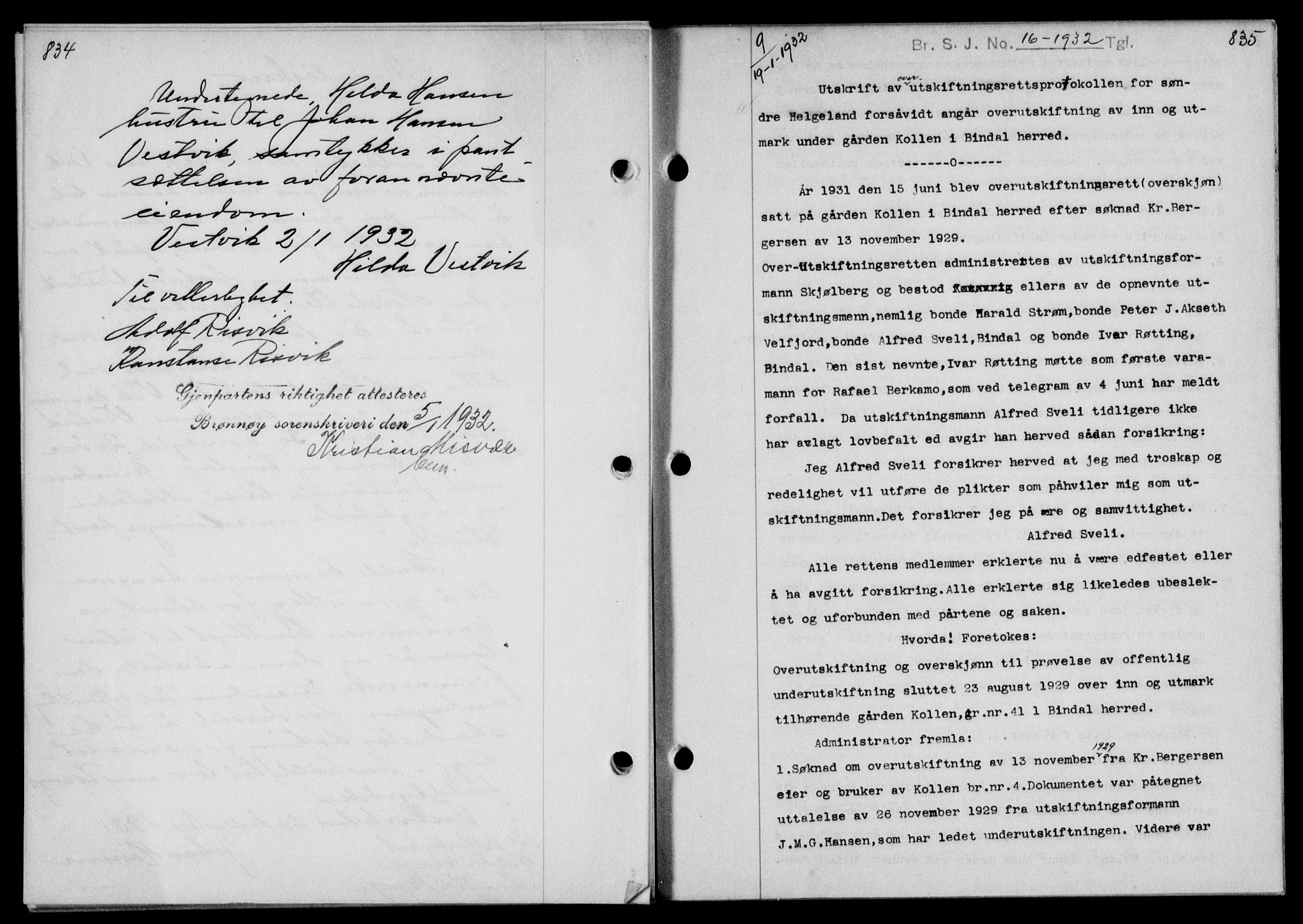 Brønnøy sorenskriveri, SAT/A-4170/1/2/2C/L0009: Mortgage book no. 9, 1931-1932, p. 834-835, Deed date: 19.01.1932