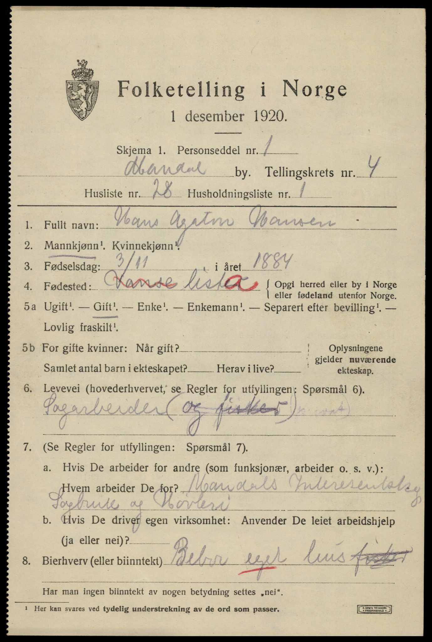 SAK, 1920 census for Mandal, 1920, p. 7273