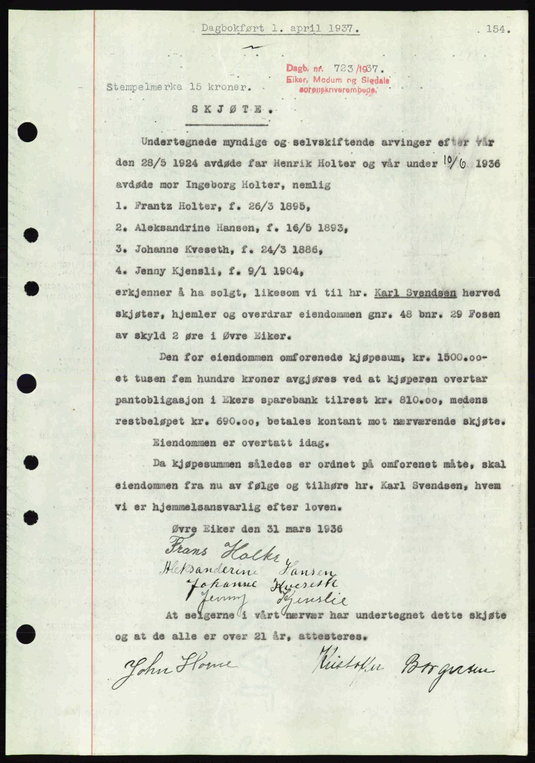 Eiker, Modum og Sigdal sorenskriveri, SAKO/A-123/G/Ga/Gab/L0035: Mortgage book no. A5, 1937-1937, Diary no: : 723/1937