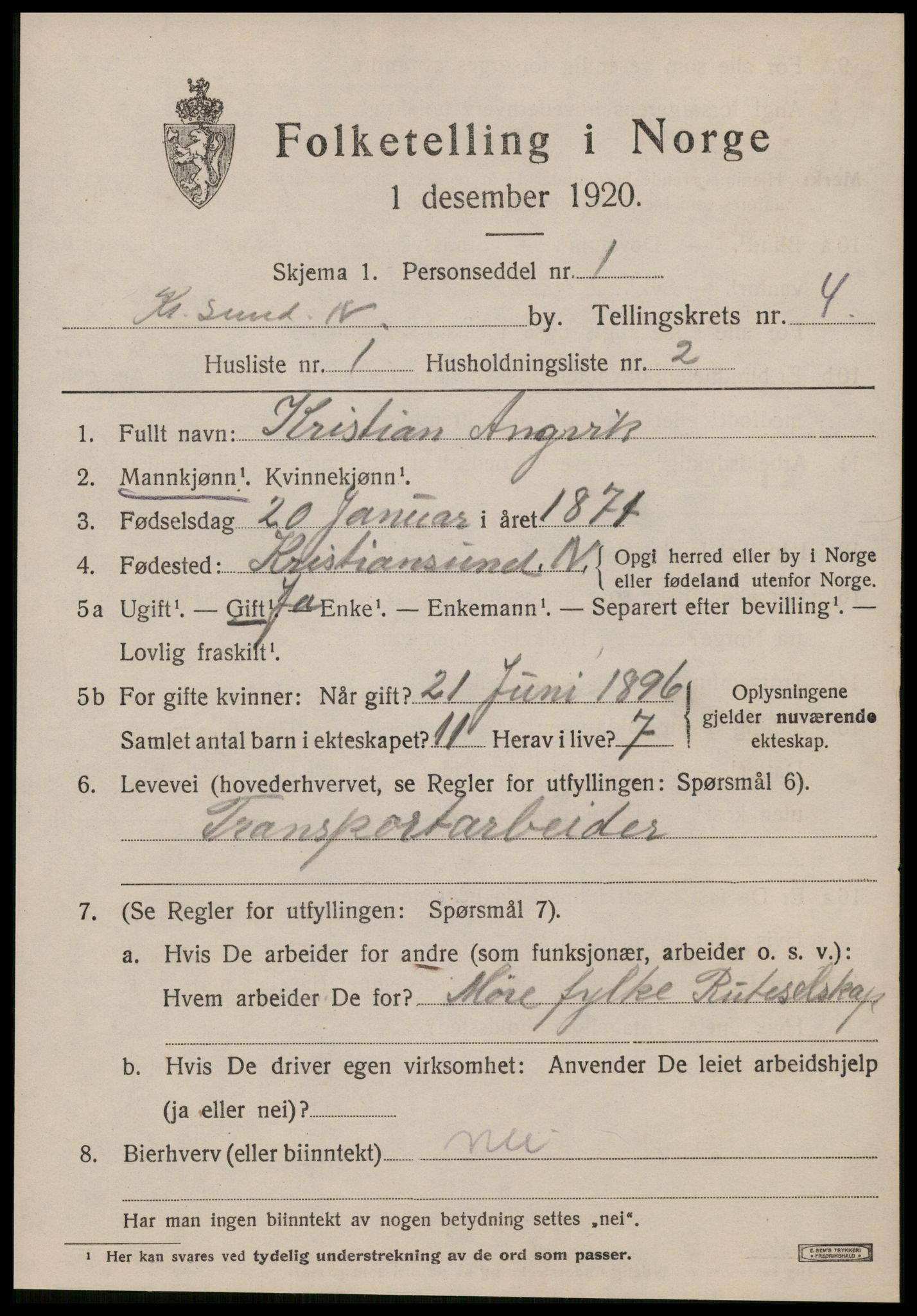 SAT, 1920 census for Kristiansund, 1920, p. 14901