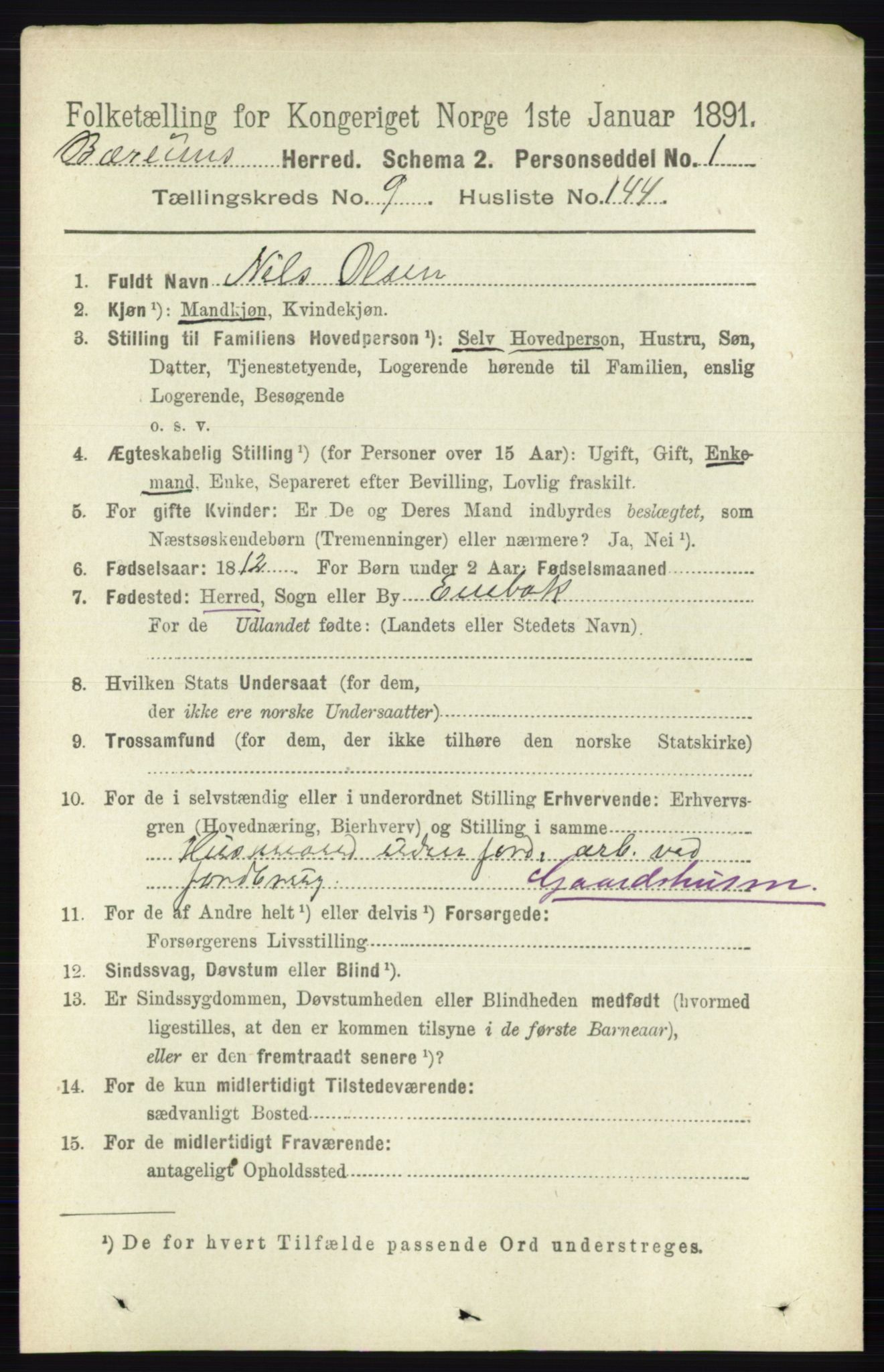 RA, 1891 census for 0219 Bærum, 1891, p. 6283