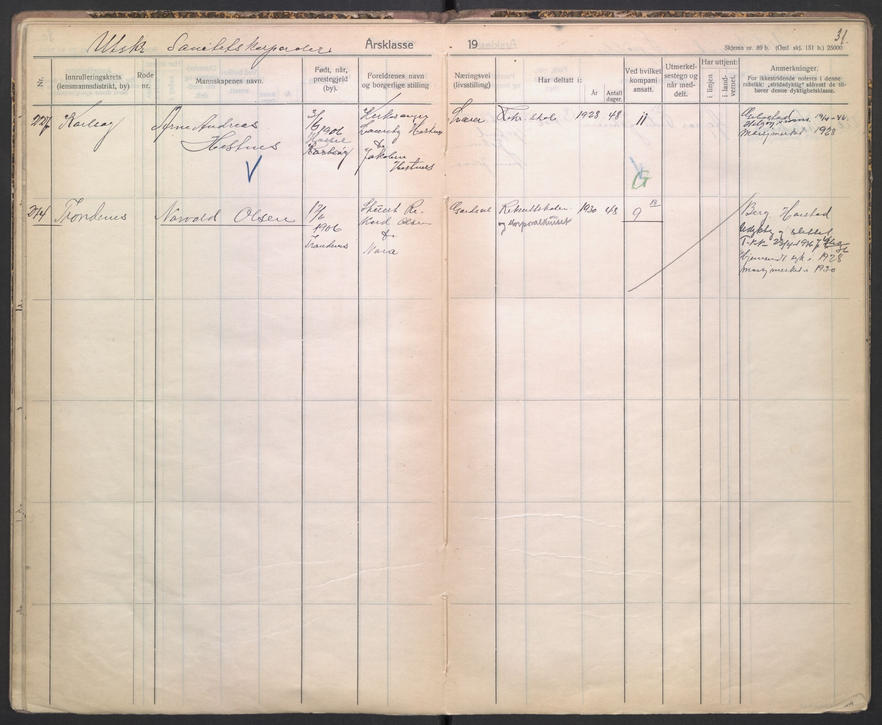 Forsvaret, Troms infanteriregiment nr. 16, AV/RA-RAFA-3146/P/Pa/L0004/0003: Ruller / Rulle for Trondenes bataljons menige mannskaper, årsklasse 1927, 1927, p. 31