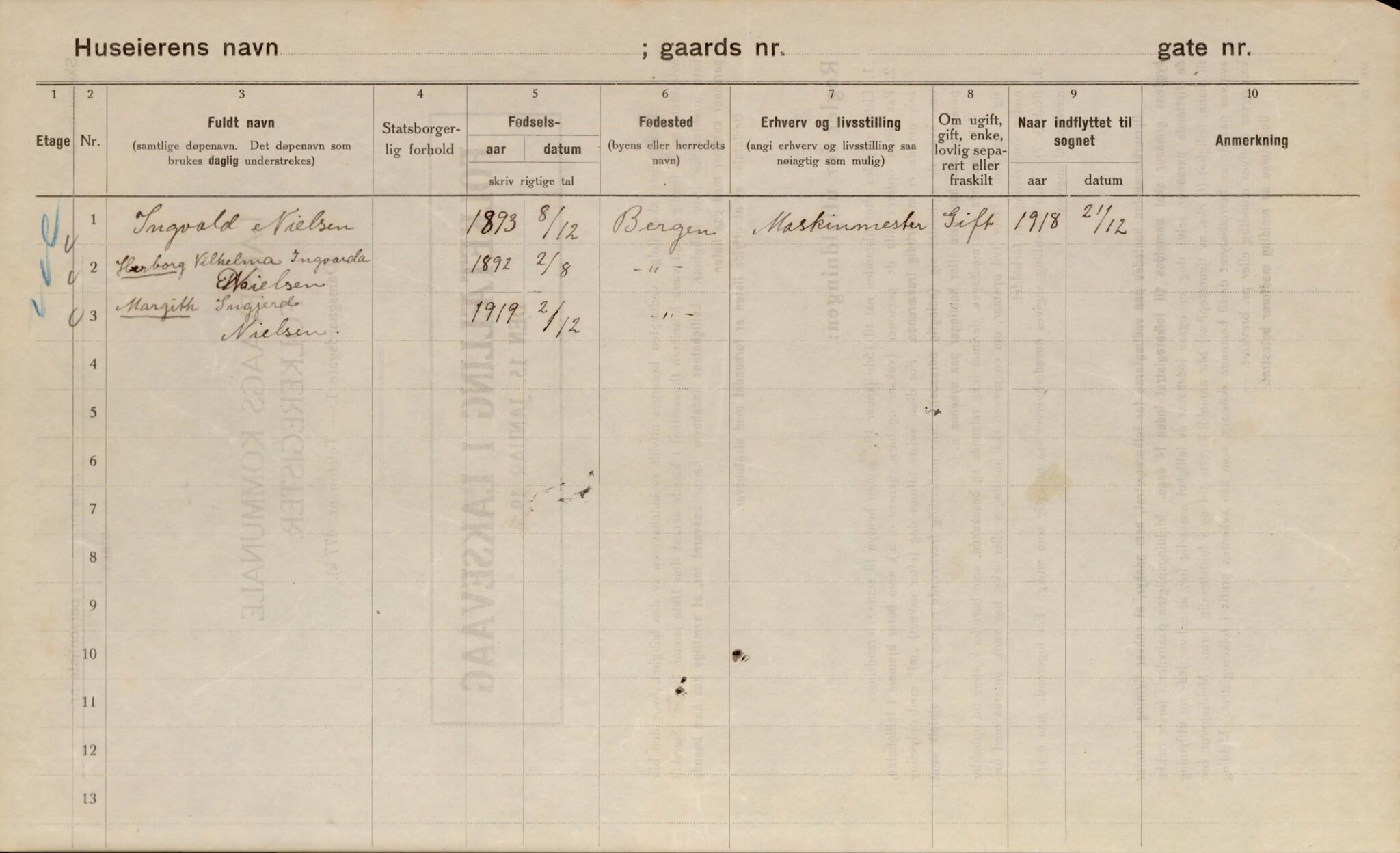 Laksevåg kommune. Folkeregisteret, BBA/A-1586/E/Ea/L0001: Folketellingskjema 1920, 1920, p. 10