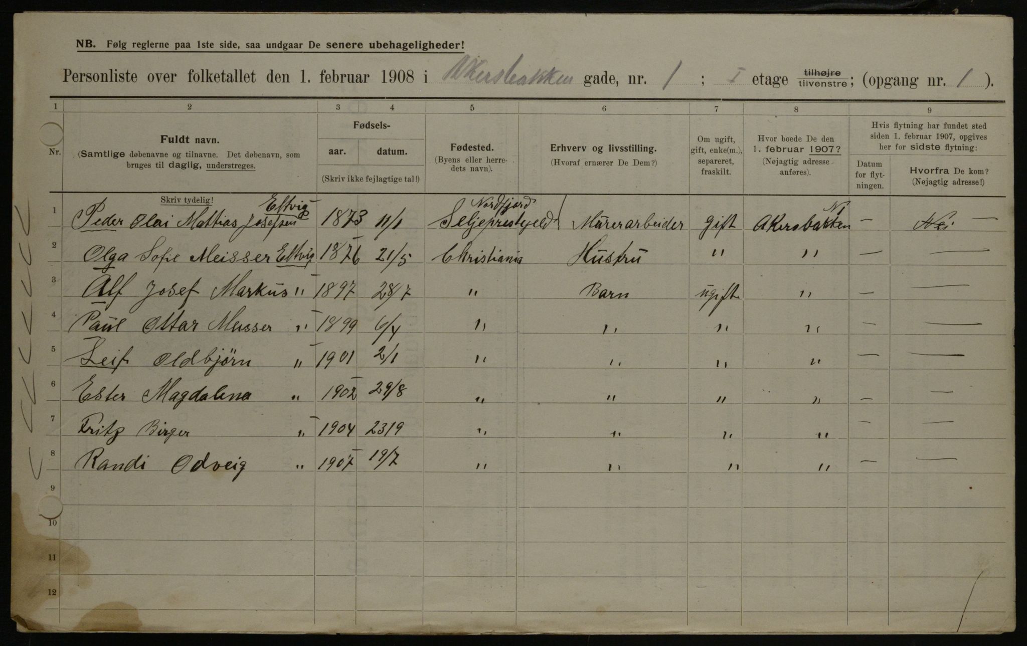 OBA, Municipal Census 1908 for Kristiania, 1908, p. 29