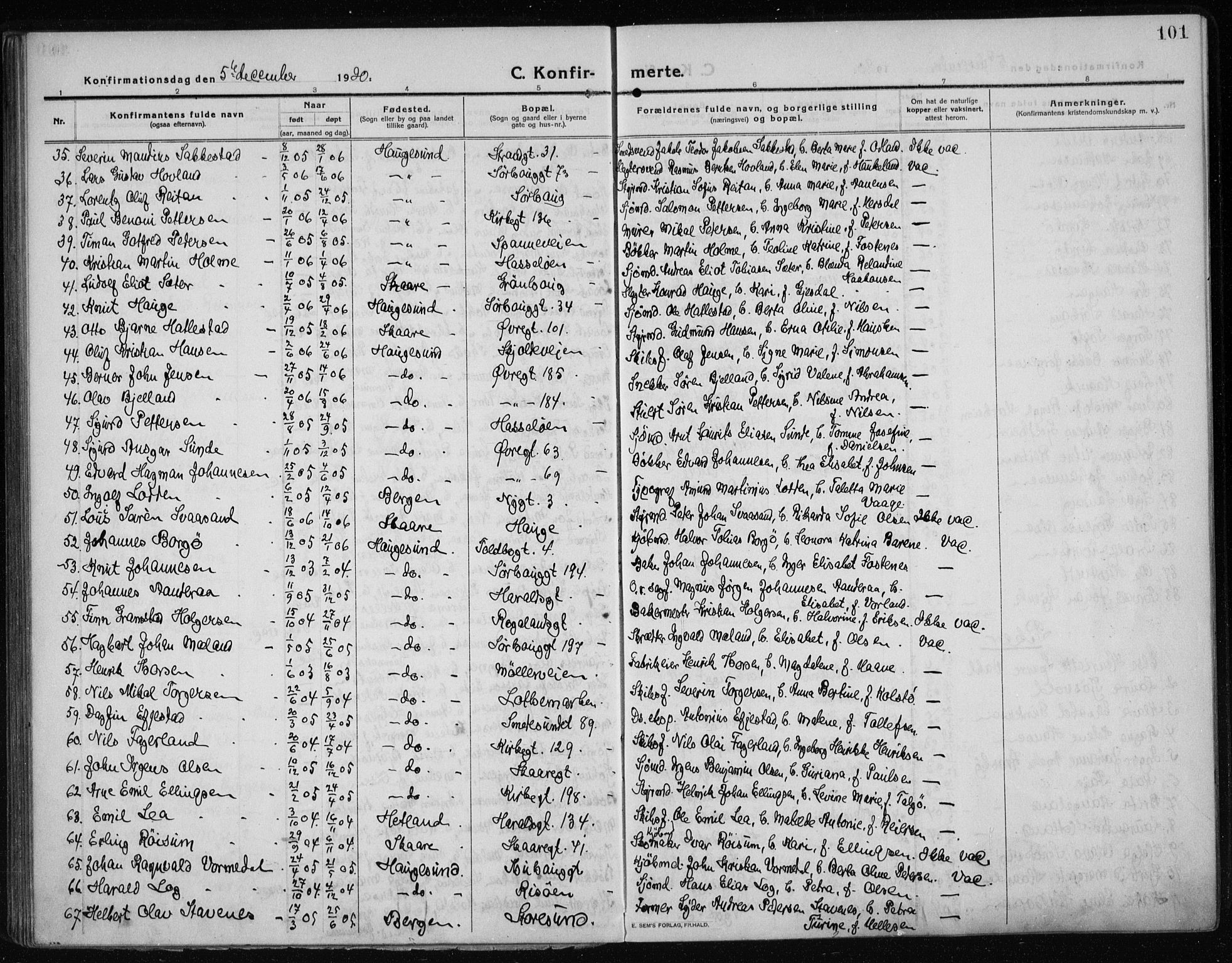 Haugesund sokneprestkontor, AV/SAST-A -101863/H/Ha/Haa/L0009: Parish register (official) no. A 9, 1914-1929, p. 101