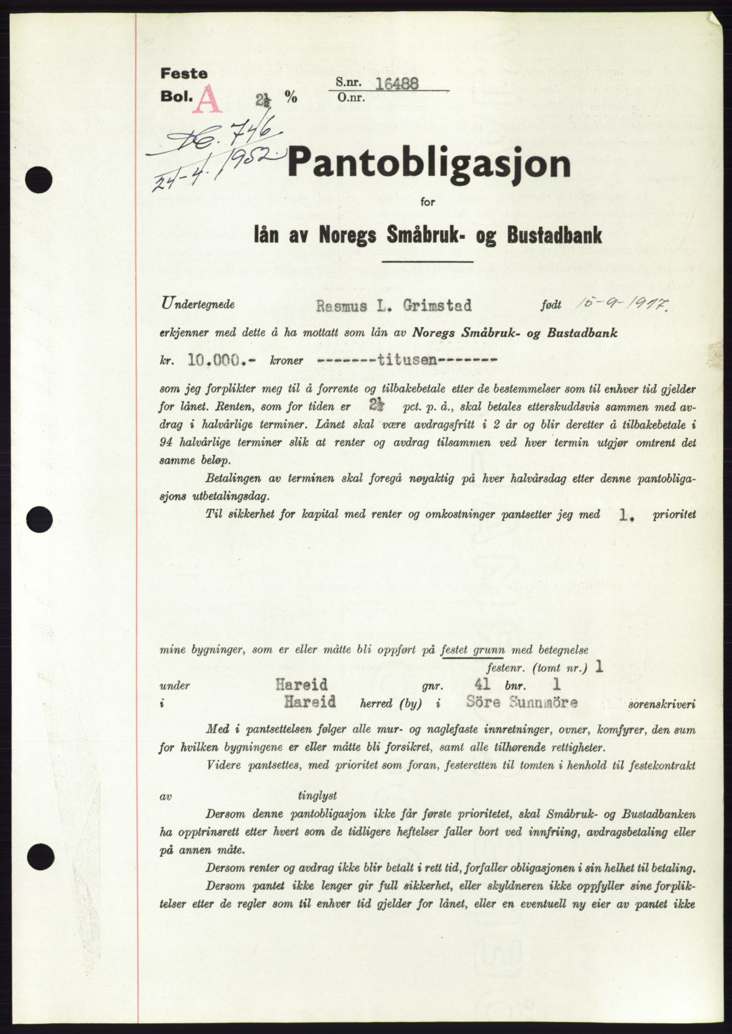 Søre Sunnmøre sorenskriveri, AV/SAT-A-4122/1/2/2C/L0121: Mortgage book no. 9B, 1951-1952, Diary no: : 746/1952