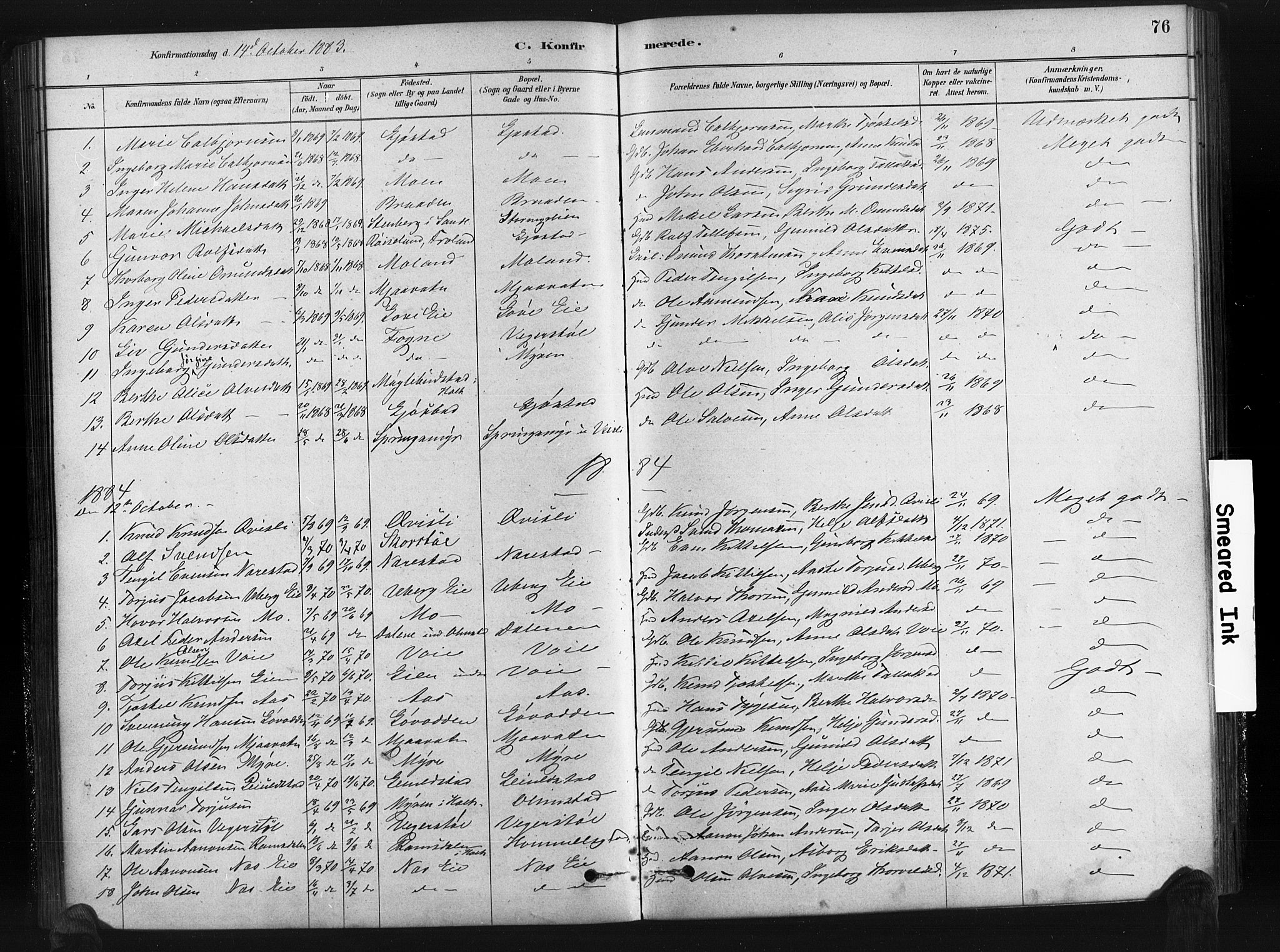 Gjerstad sokneprestkontor, SAK/1111-0014/F/Fa/Fab/L0004: Parish register (official) no. A 4, 1879-1890, p. 76