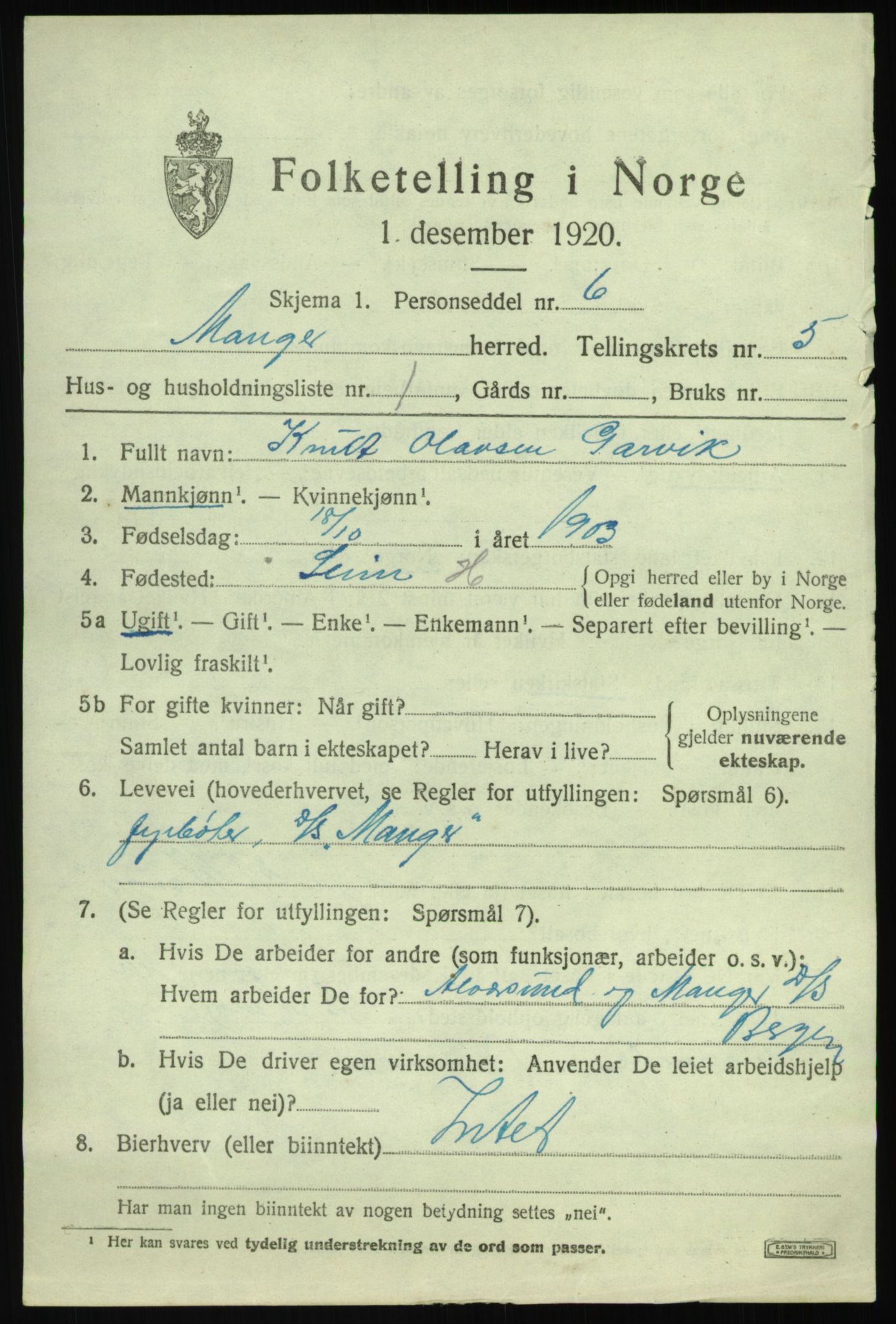 SAB, 1920 census for Manger, 1920, p. 3265