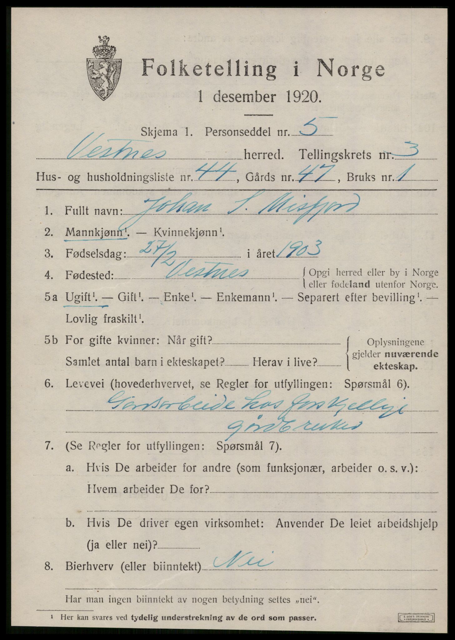 SAT, 1920 census for Vestnes, 1920, p. 3129