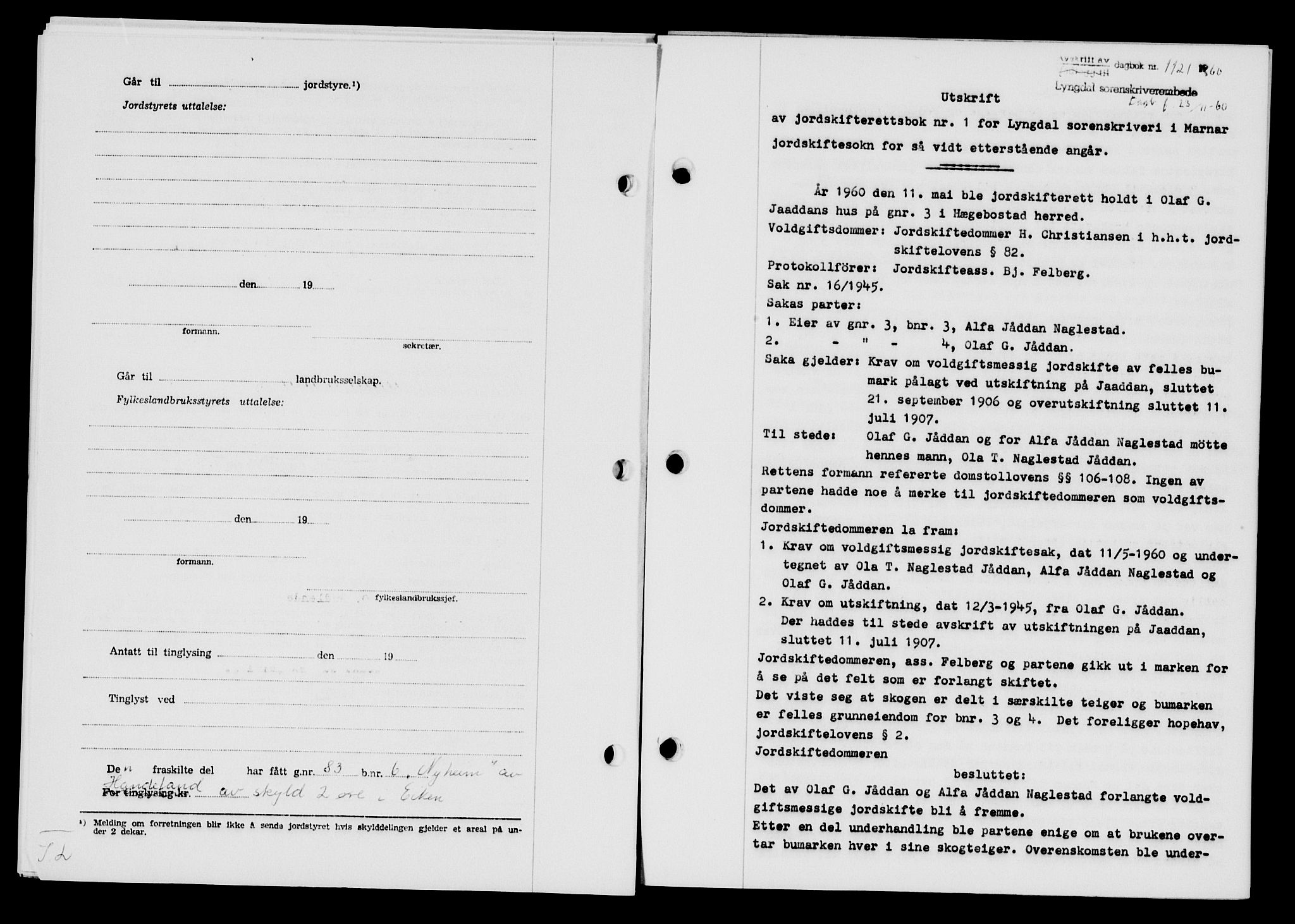 Lyngdal sorenskriveri, AV/SAK-1221-0004/G/Gb/L0680: Mortgage book no. A XXVI, 1960-1960, Diary no: : 1121/1960