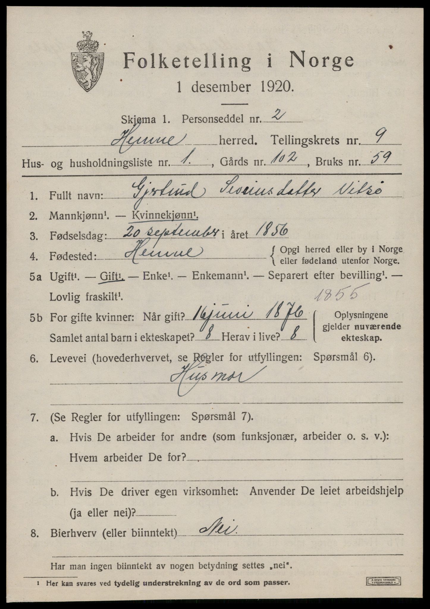 SAT, 1920 census for Hemne, 1920, p. 5404