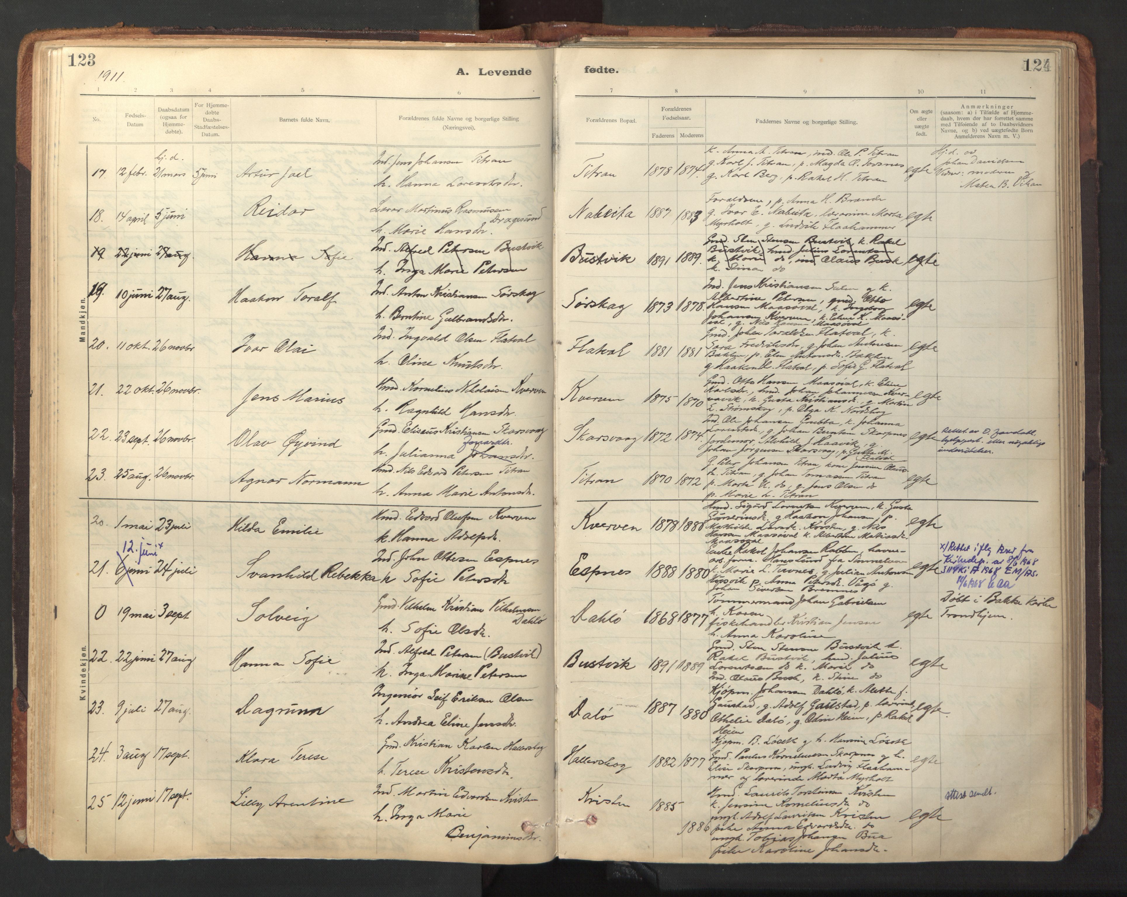 Ministerialprotokoller, klokkerbøker og fødselsregistre - Sør-Trøndelag, AV/SAT-A-1456/641/L0596: Parish register (official) no. 641A02, 1898-1915, p. 123-124