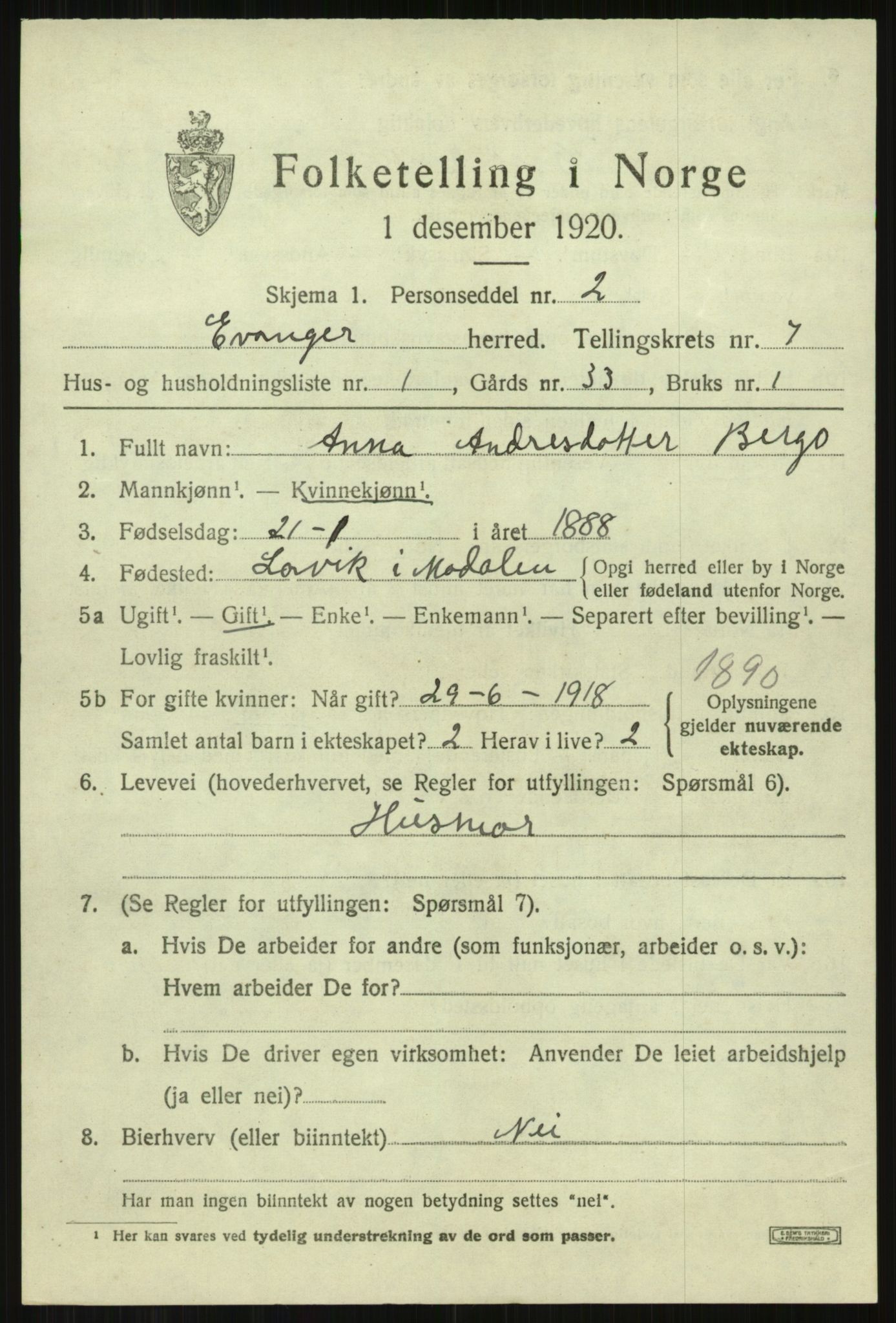 SAB, 1920 census for Evanger, 1920, p. 2321