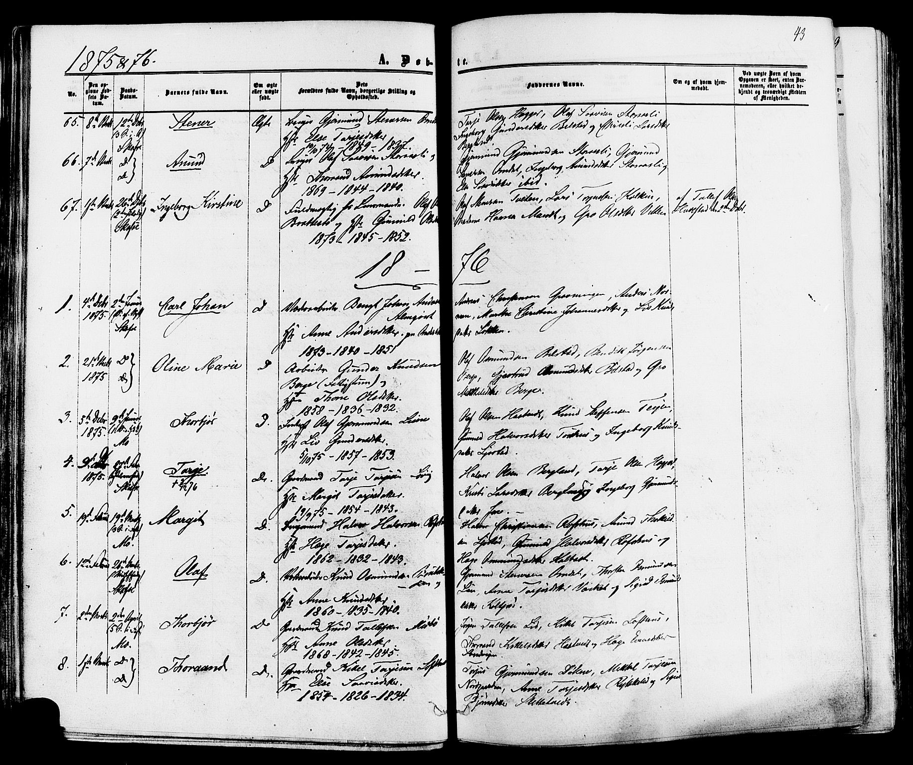 Mo kirkebøker, AV/SAKO-A-286/F/Fa/L0006: Parish register (official) no. I 6, 1865-1885, p. 43