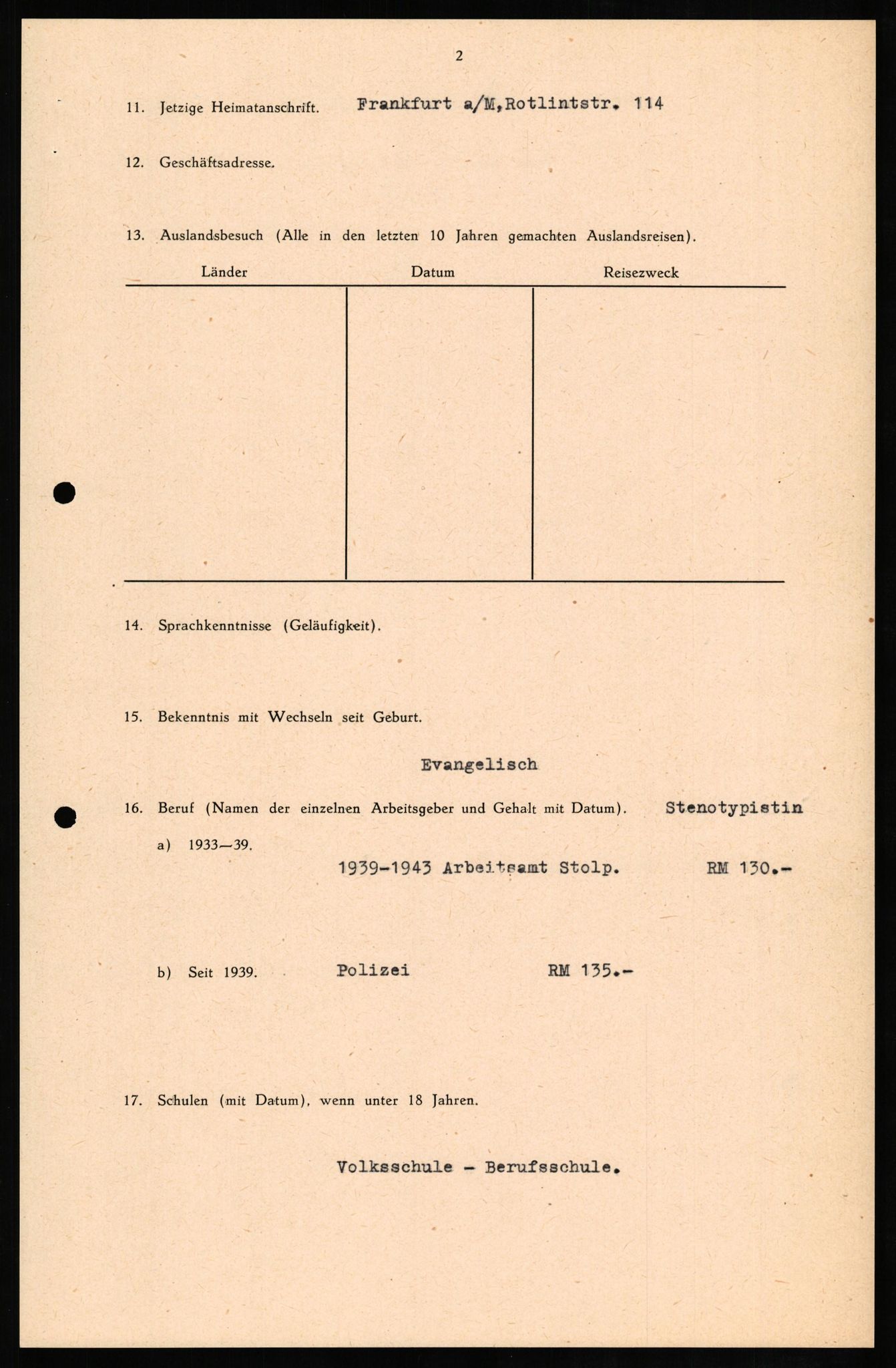 Forsvaret, Forsvarets overkommando II, RA/RAFA-3915/D/Db/L0014: CI Questionaires. Tyske okkupasjonsstyrker i Norge. Tyskere., 1945-1946, p. 3