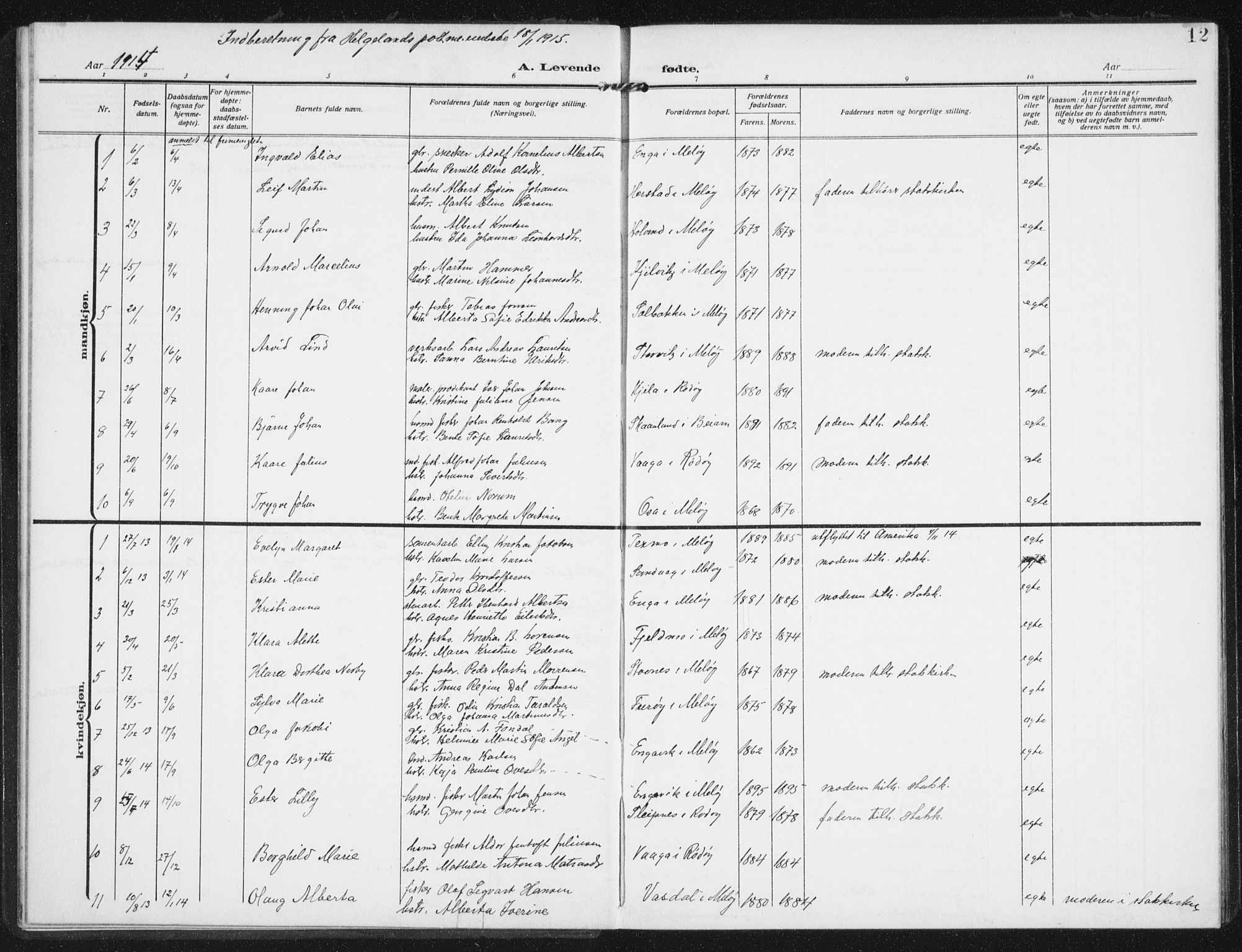 Ministerialprotokoller, klokkerbøker og fødselsregistre - Nordland, SAT/A-1459/843/L0629: Parish register (official) no. 843A04, 1907-1925, p. 12
