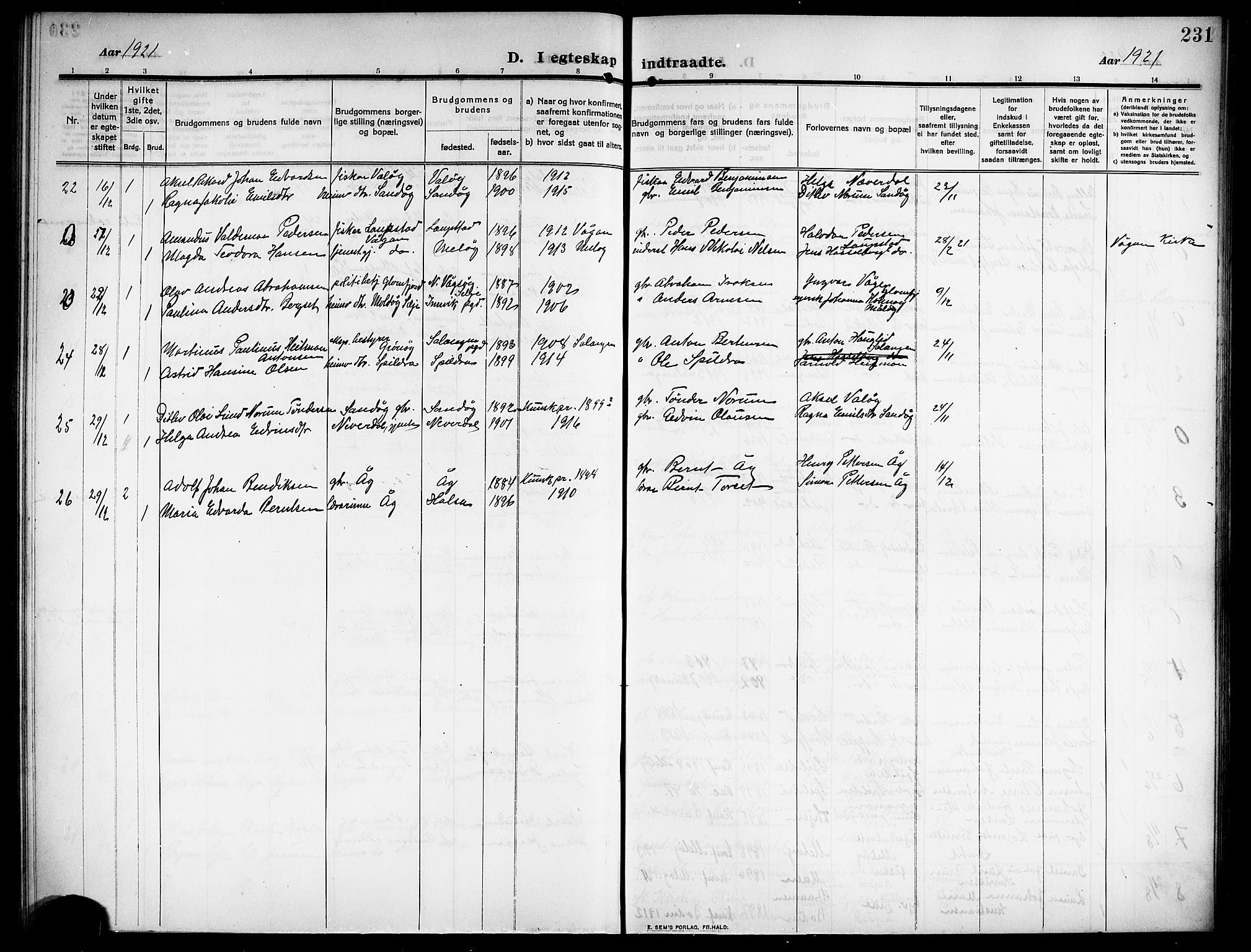 Ministerialprotokoller, klokkerbøker og fødselsregistre - Nordland, AV/SAT-A-1459/843/L0639: Parish register (copy) no. 843C08, 1908-1924, p. 231