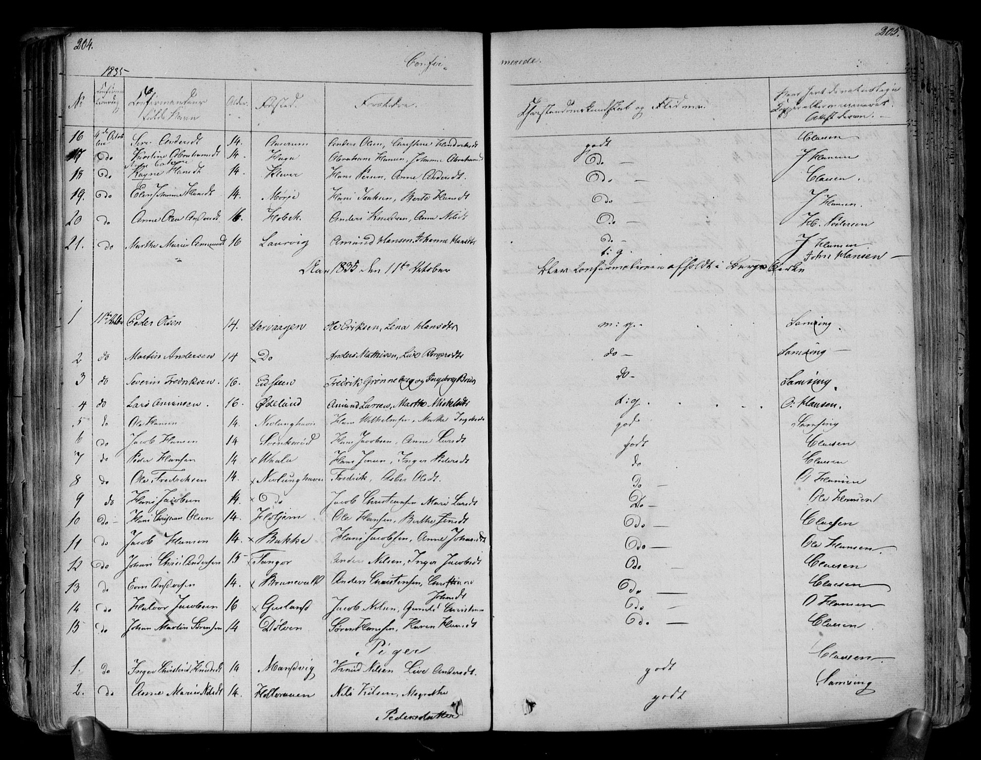 Brunlanes kirkebøker, AV/SAKO-A-342/F/Fa/L0003: Parish register (official) no. I 3, 1834-1845, p. 204-205