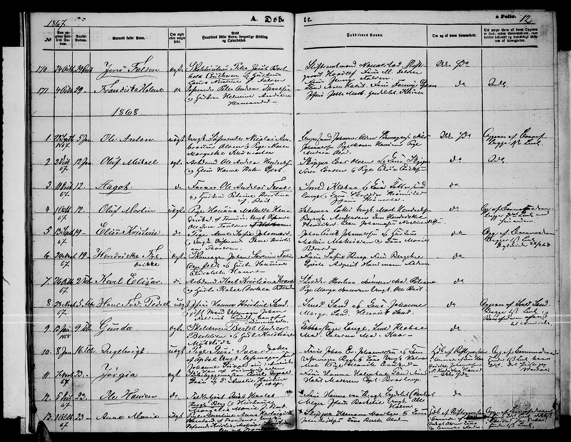 Tromsø sokneprestkontor/stiftsprosti/domprosti, SATØ/S-1343/G/Gb/L0007klokker: Parish register (copy) no. 7, 1867-1875, p. 12