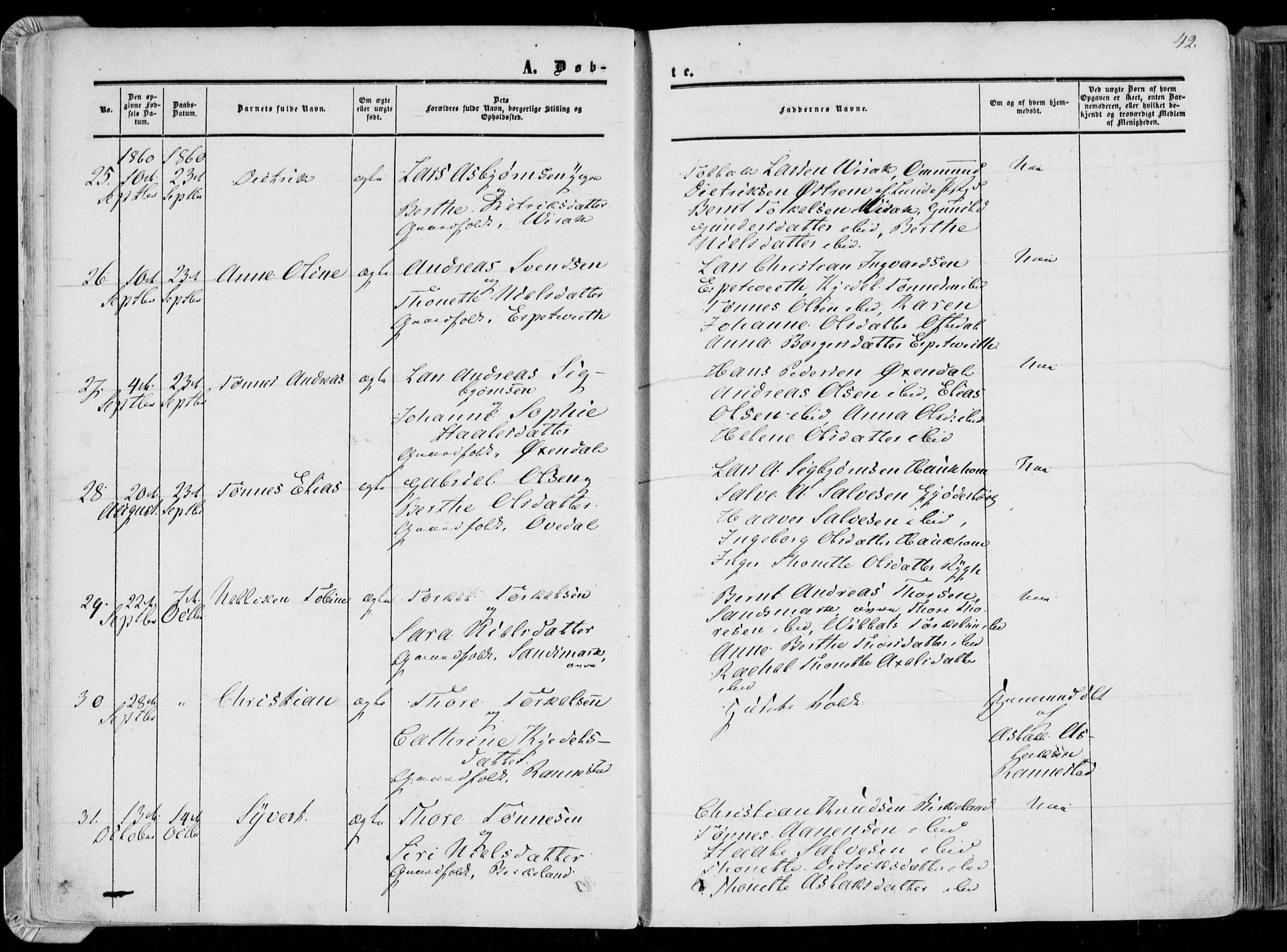 Bakke sokneprestkontor, AV/SAK-1111-0002/F/Fa/Faa/L0006: Parish register (official) no. A 6, 1855-1877, p. 42