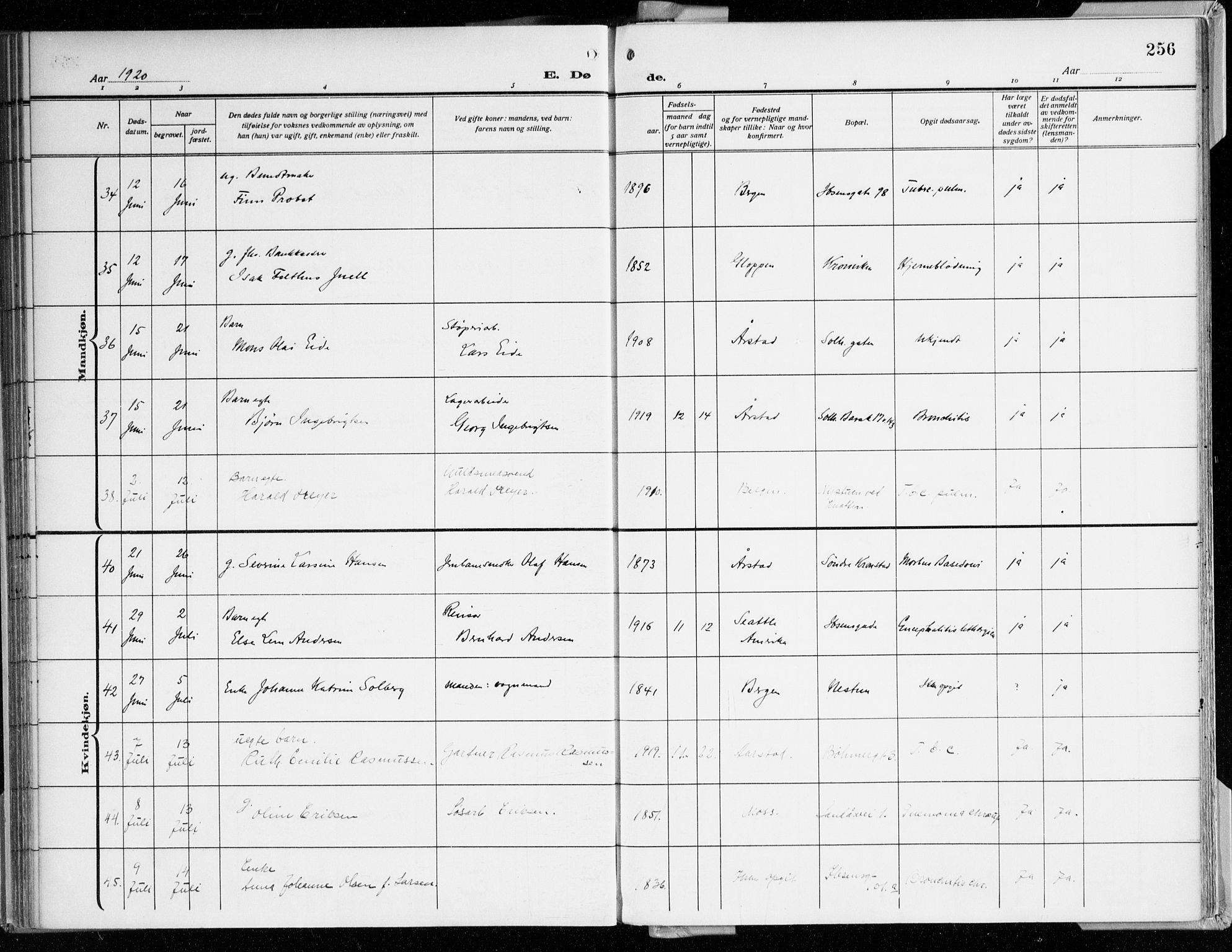 Årstad Sokneprestembete, AV/SAB-A-79301/H/Haa/L0003: Parish register (official) no. A 3, 1914-1919, p. 256