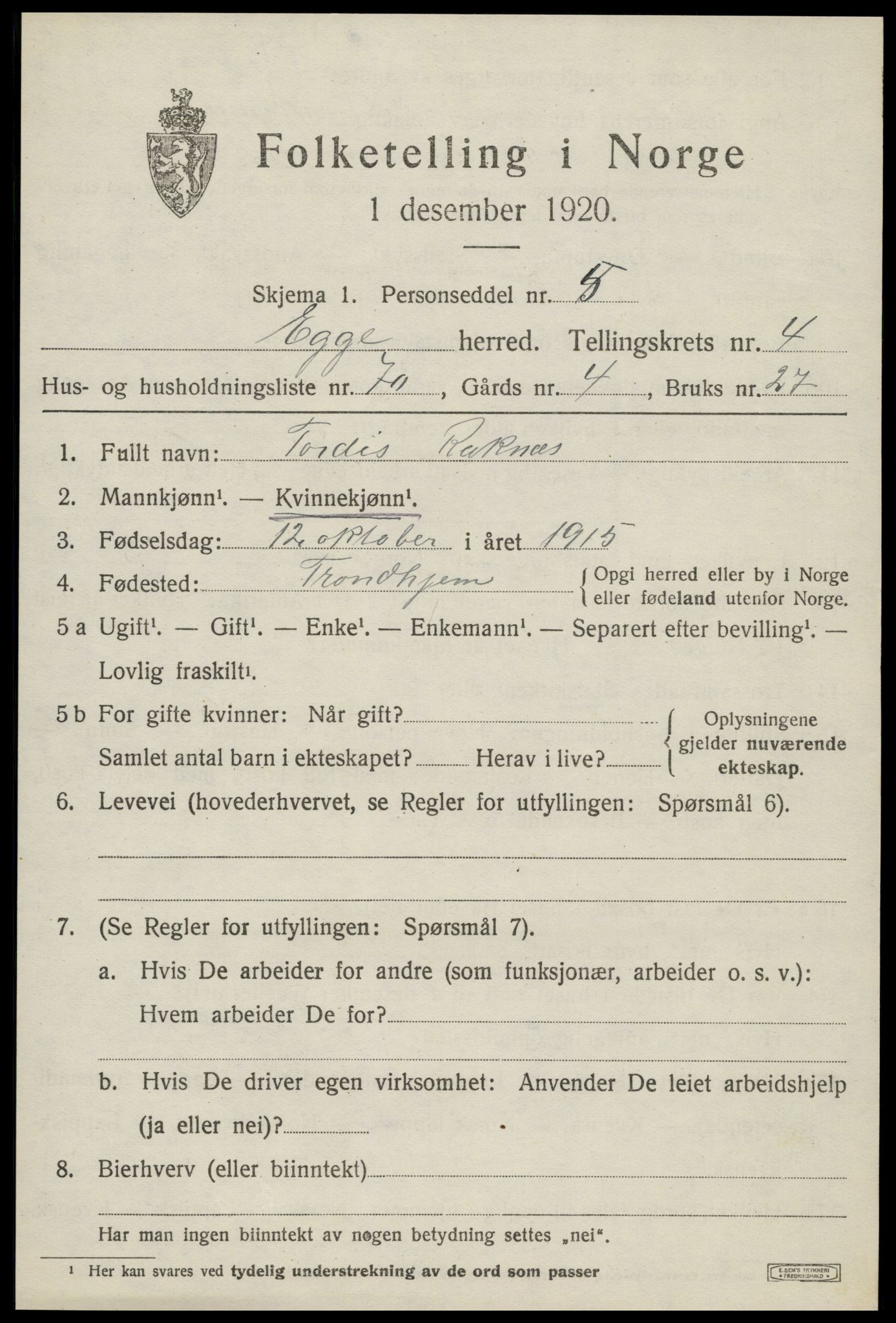 SAT, 1920 census for Egge, 1920, p. 3326