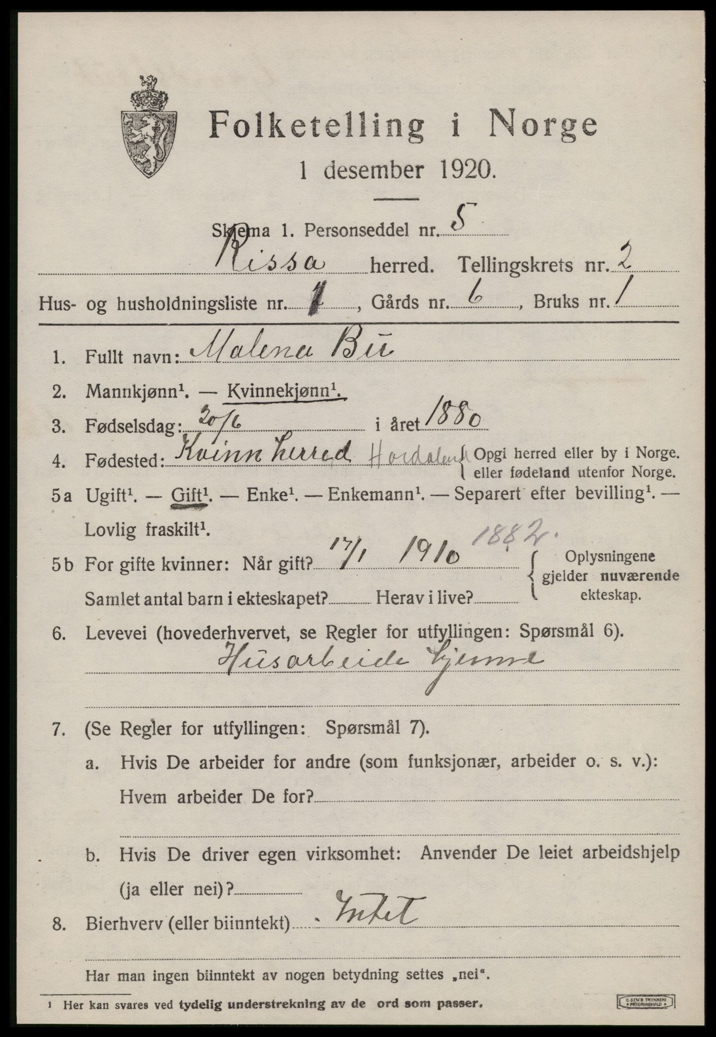 SAT, 1920 census for Rissa, 1920, p. 1619