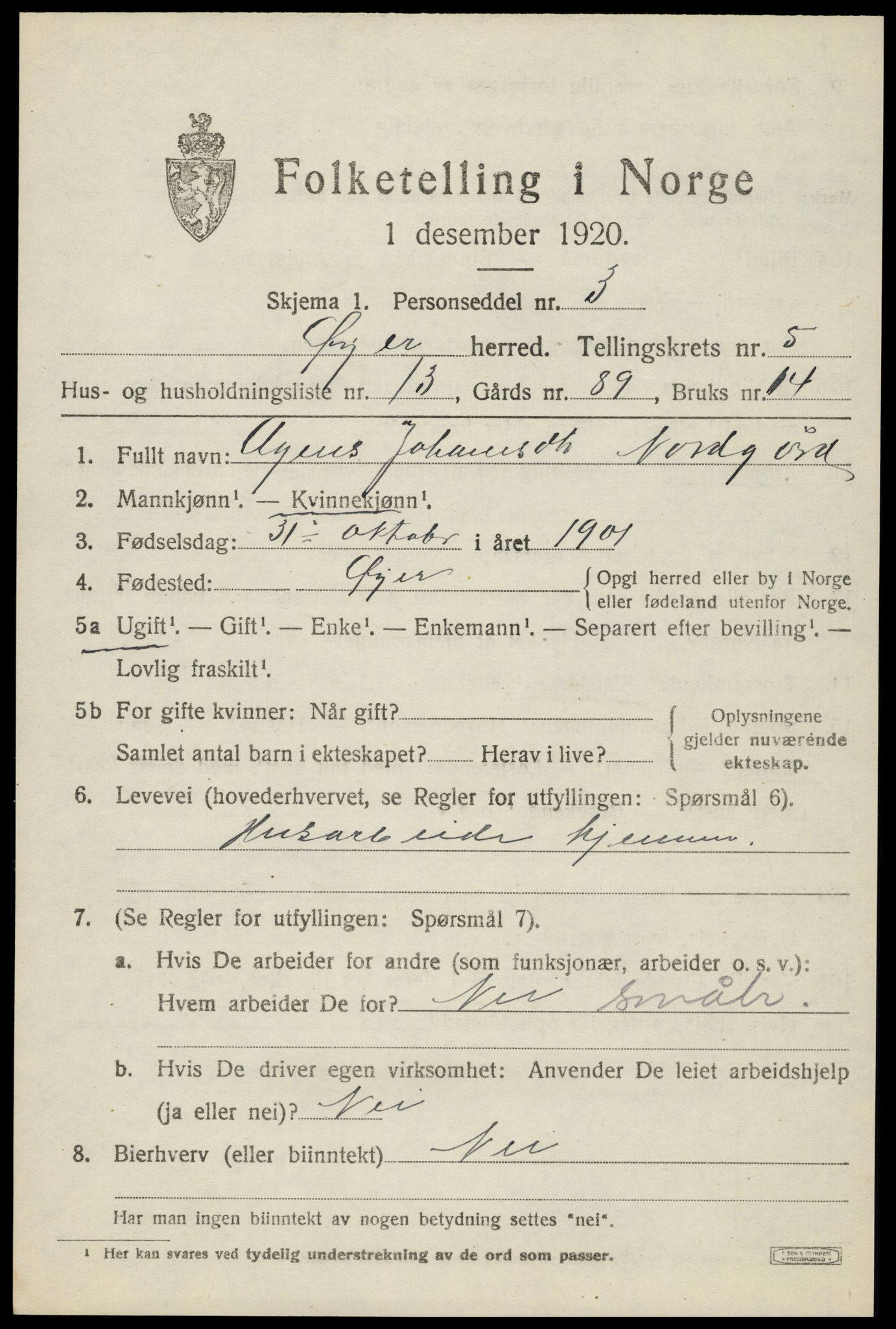 SAH, 1920 census for Øyer, 1920, p. 4567