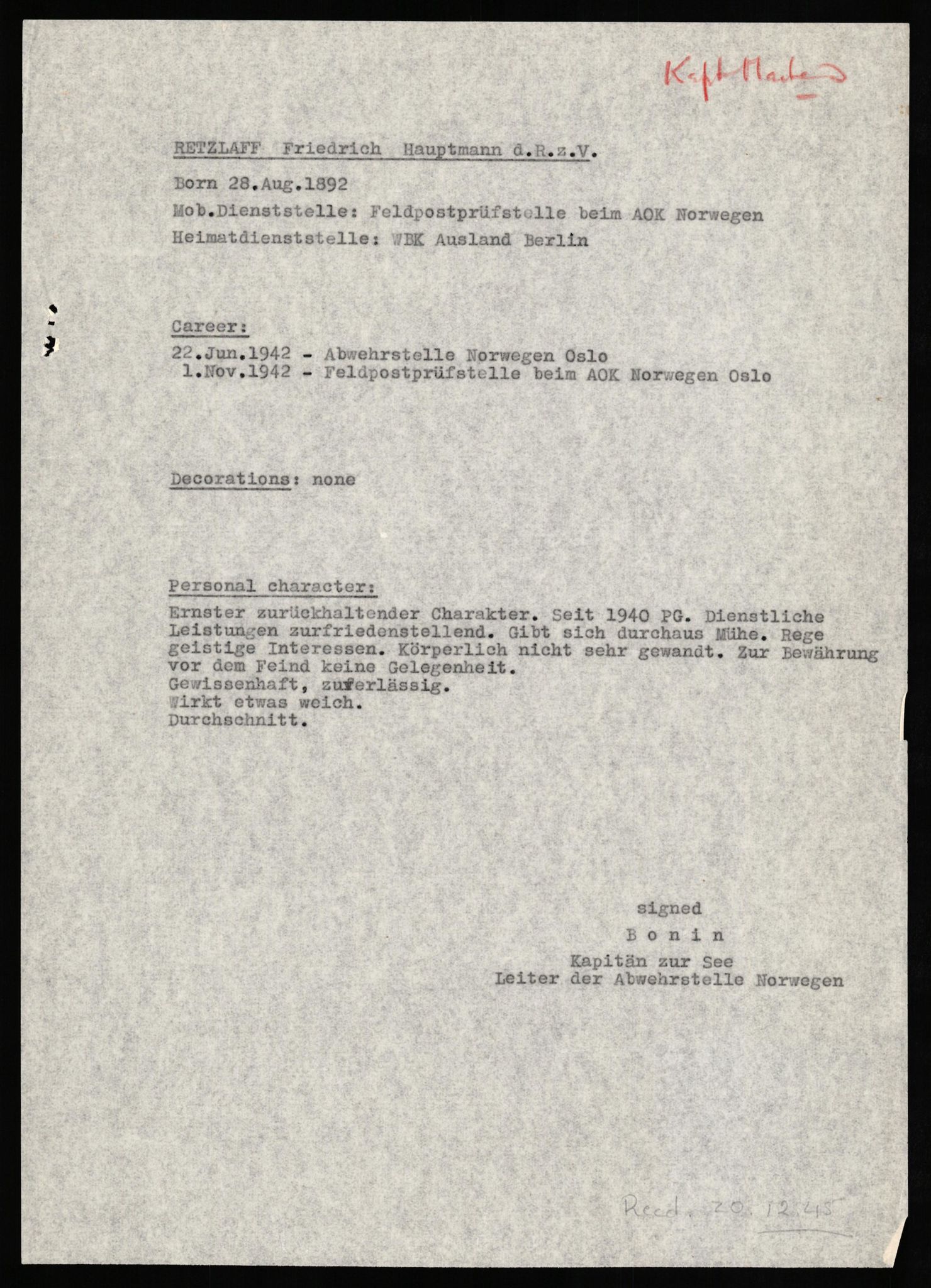 Forsvaret, Forsvarets overkommando II, AV/RA-RAFA-3915/D/Db/L0027: CI Questionaires. Tyske okkupasjonsstyrker i Norge. Tyskere., 1945-1946, p. 252