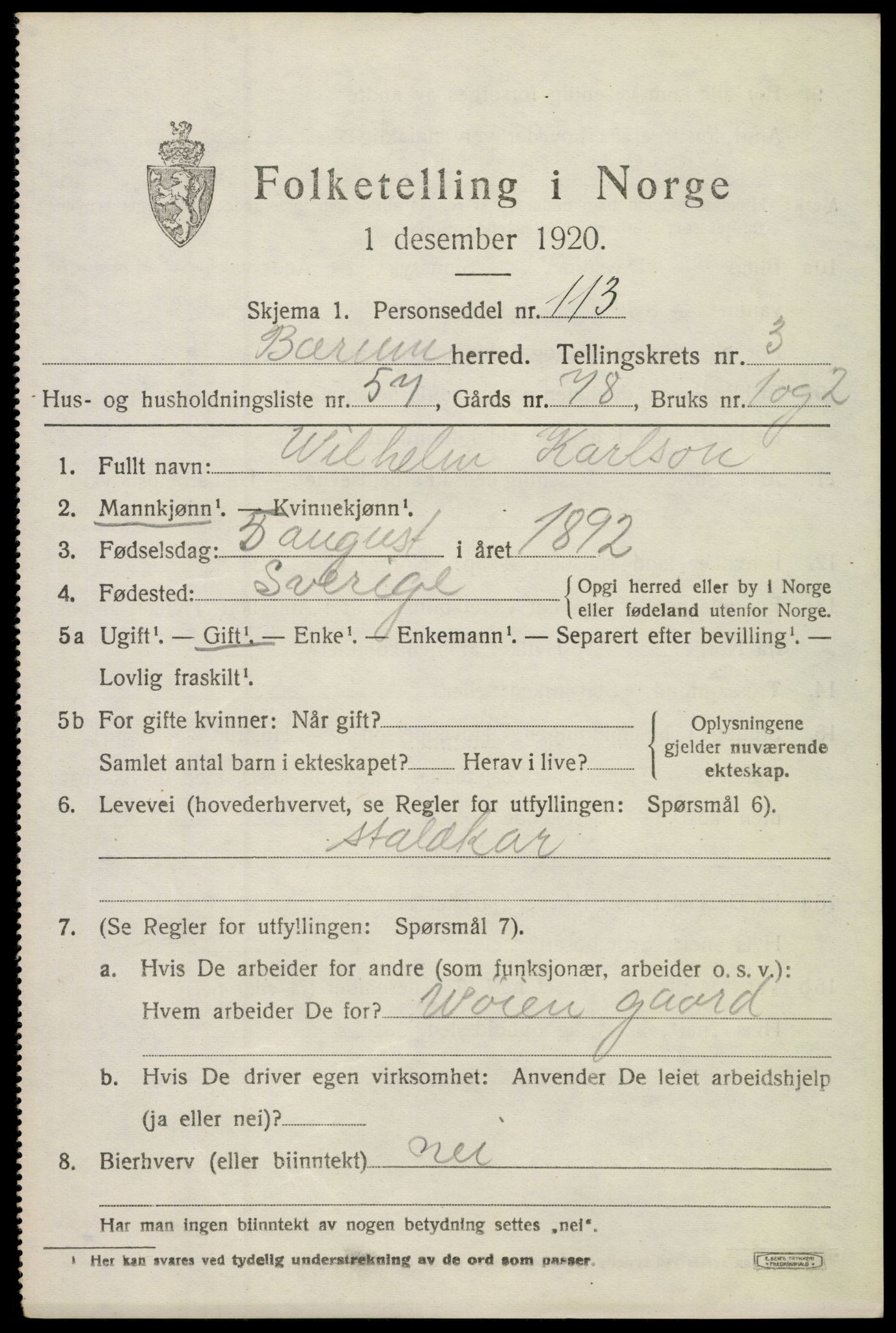 SAO, 1920 census for Bærum, 1920, p. 8210