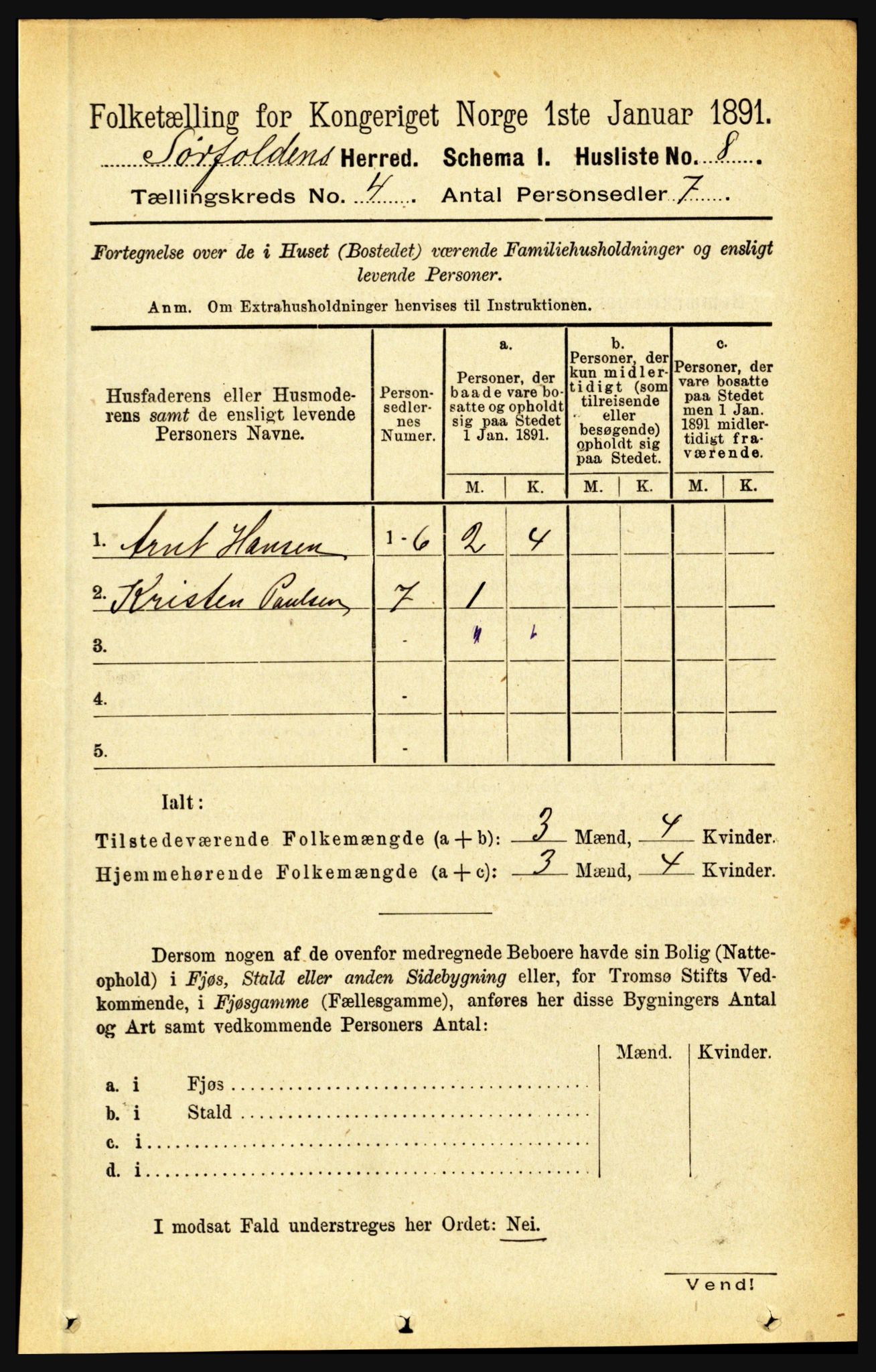 RA, 1891 census for 1845 Sørfold, 1891, p. 905