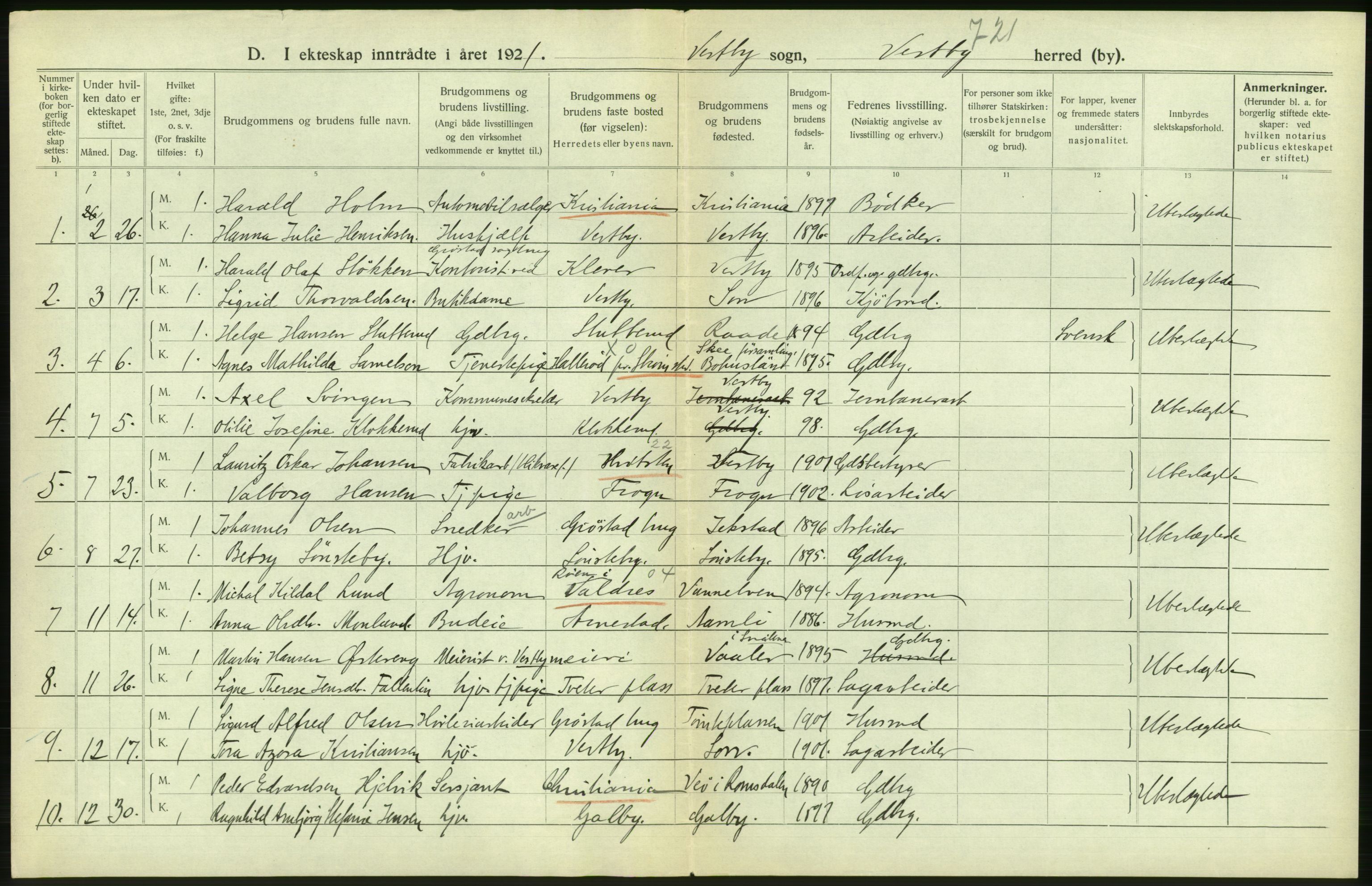 Statistisk sentralbyrå, Sosiodemografiske emner, Befolkning, RA/S-2228/D/Df/Dfc/Dfca/L0006: Akershus fylke: Gifte. dødfødte. Bygder og byer., 1921, p. 316