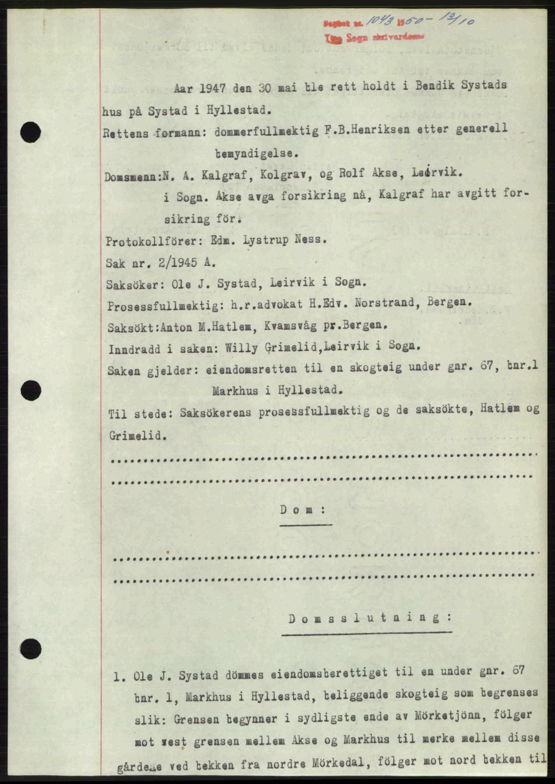Ytre Sogn tingrett, SAB/A-2601/1/G/Gbb/L0009: Mortgage book no. A6 - A7 (B4), 1950-1950, Diary no: : 1043/1950