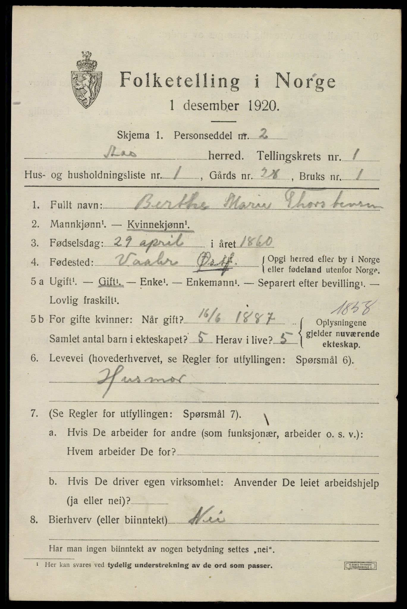 SAO, 1920 census for Ås, 1920, p. 1124