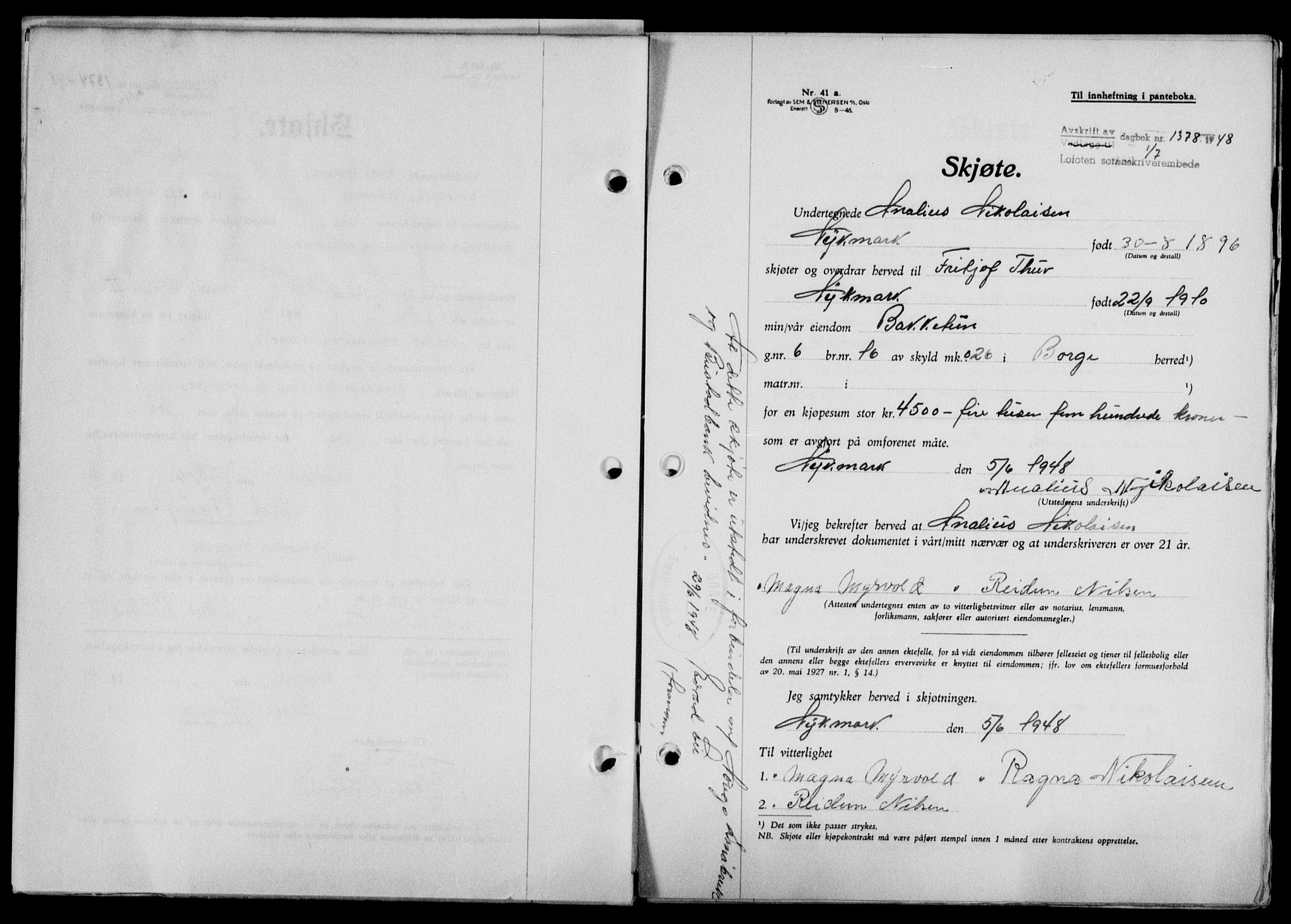 Lofoten sorenskriveri, SAT/A-0017/1/2/2C/L0018a: Mortgage book no. 18a, 1948-1948, Diary no: : 1378/1948