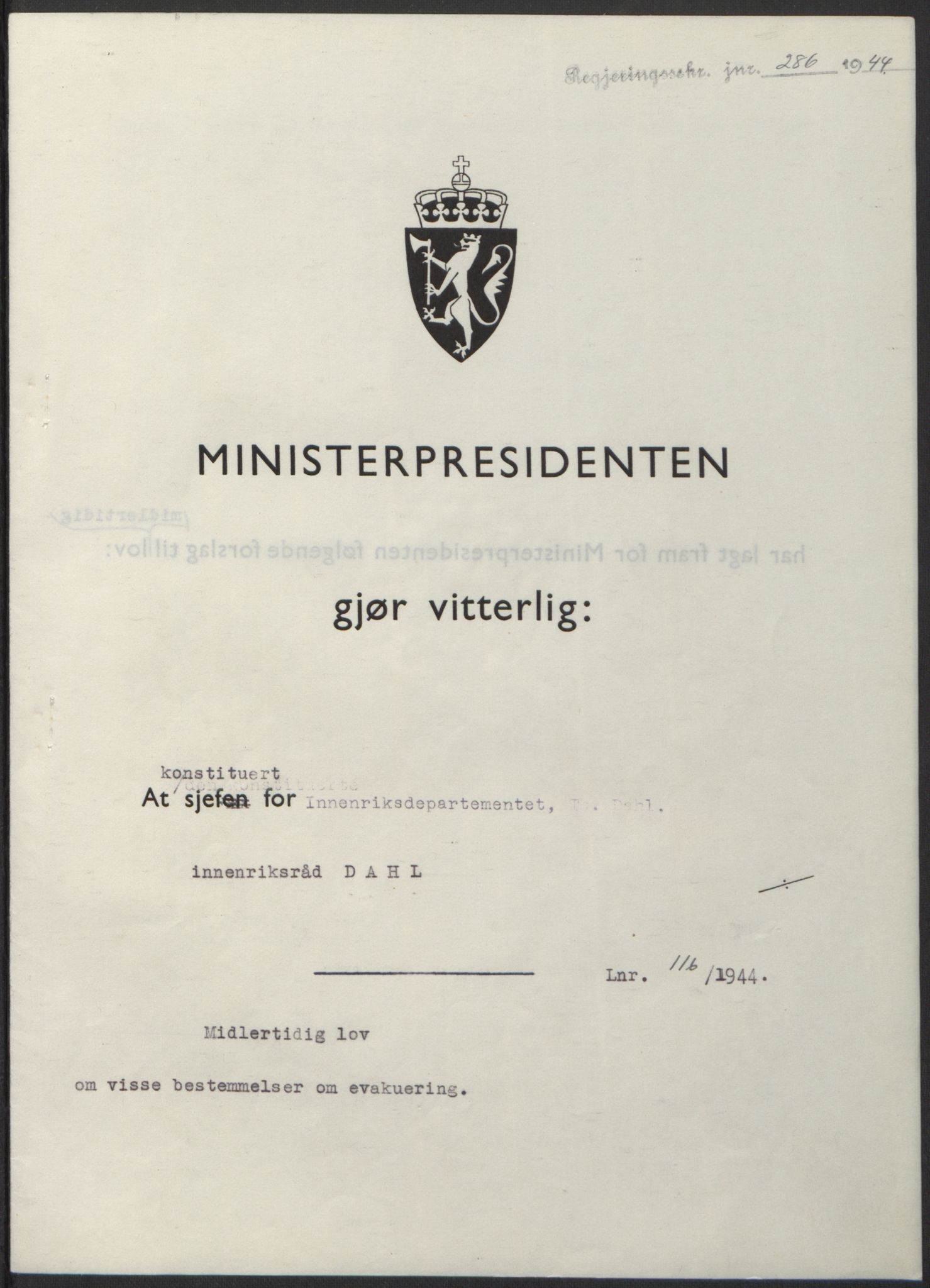 NS-administrasjonen 1940-1945 (Statsrådsekretariatet, de kommisariske statsråder mm), AV/RA-S-4279/D/Db/L0100: Lover, 1944, p. 553