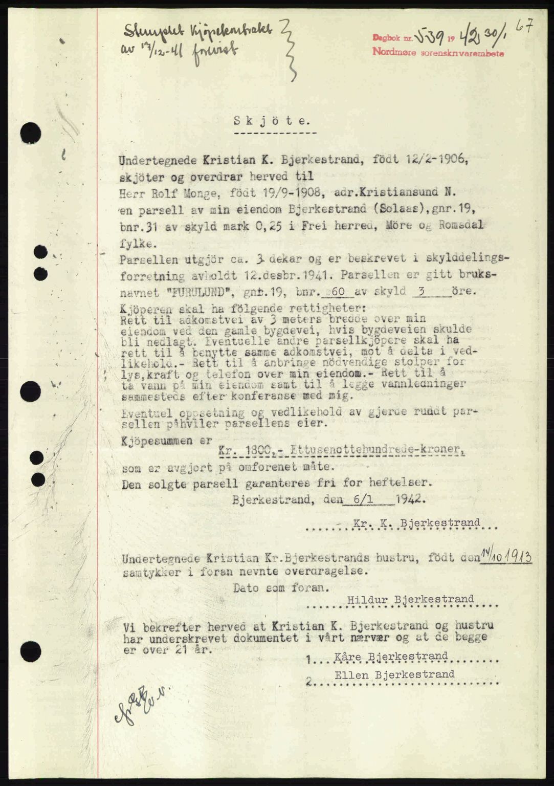 Nordmøre sorenskriveri, AV/SAT-A-4132/1/2/2Ca: Mortgage book no. A92, 1942-1942, Diary no: : 539/1942