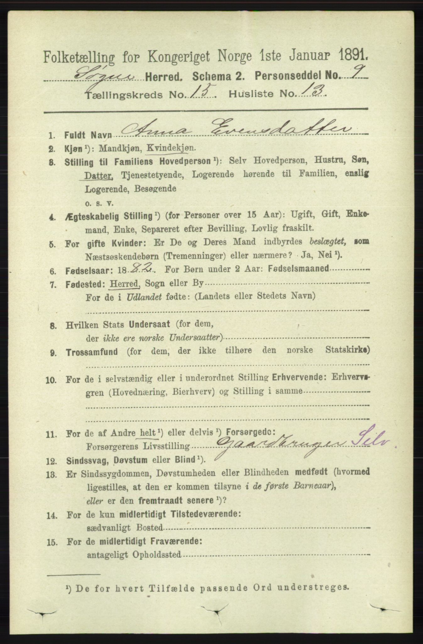 RA, 1891 census for 1018 Søgne, 1891, p. 3959