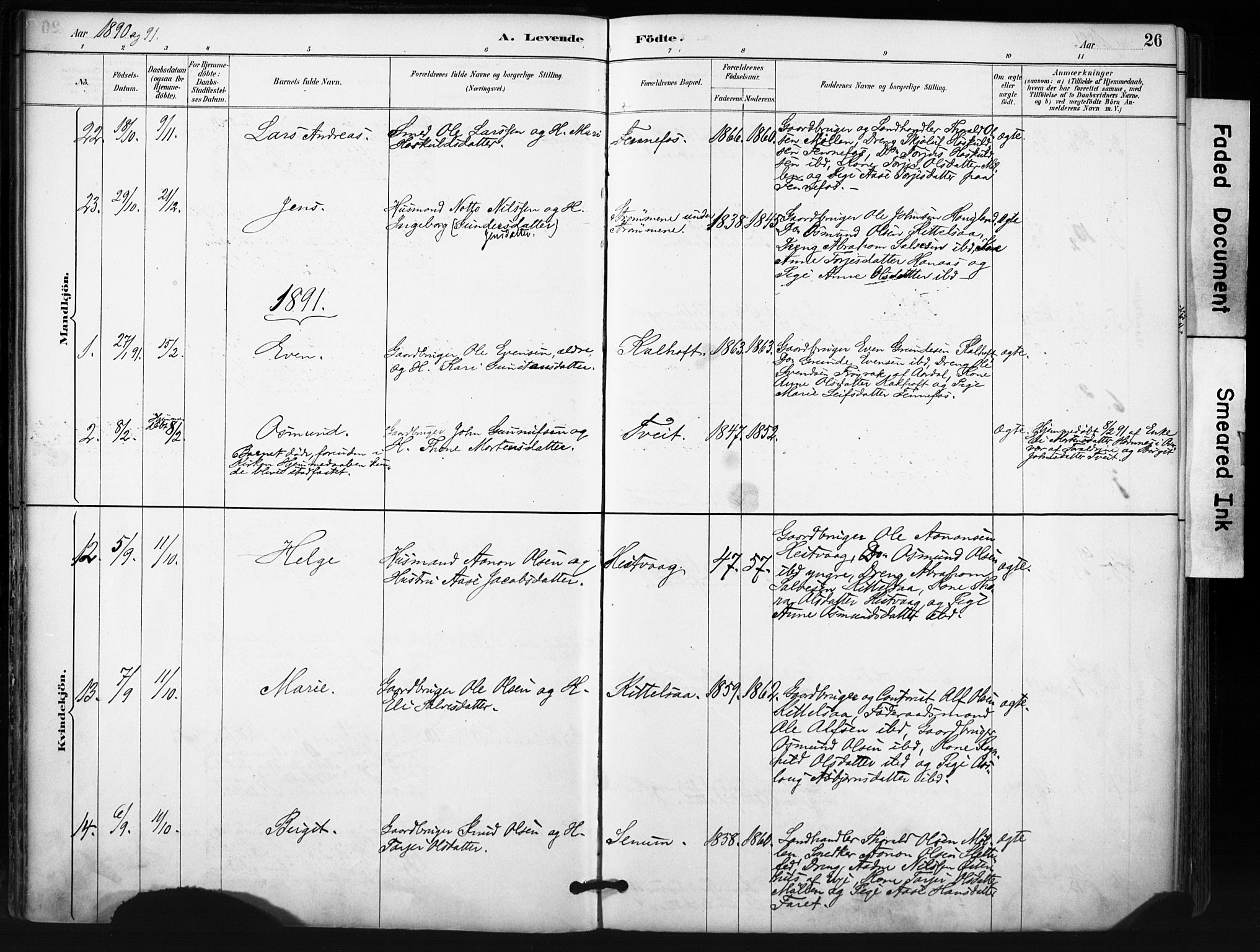 Evje sokneprestkontor, SAK/1111-0008/F/Fa/Fab/L0003: Parish register (official) no. A 3, 1884-1909, p. 26