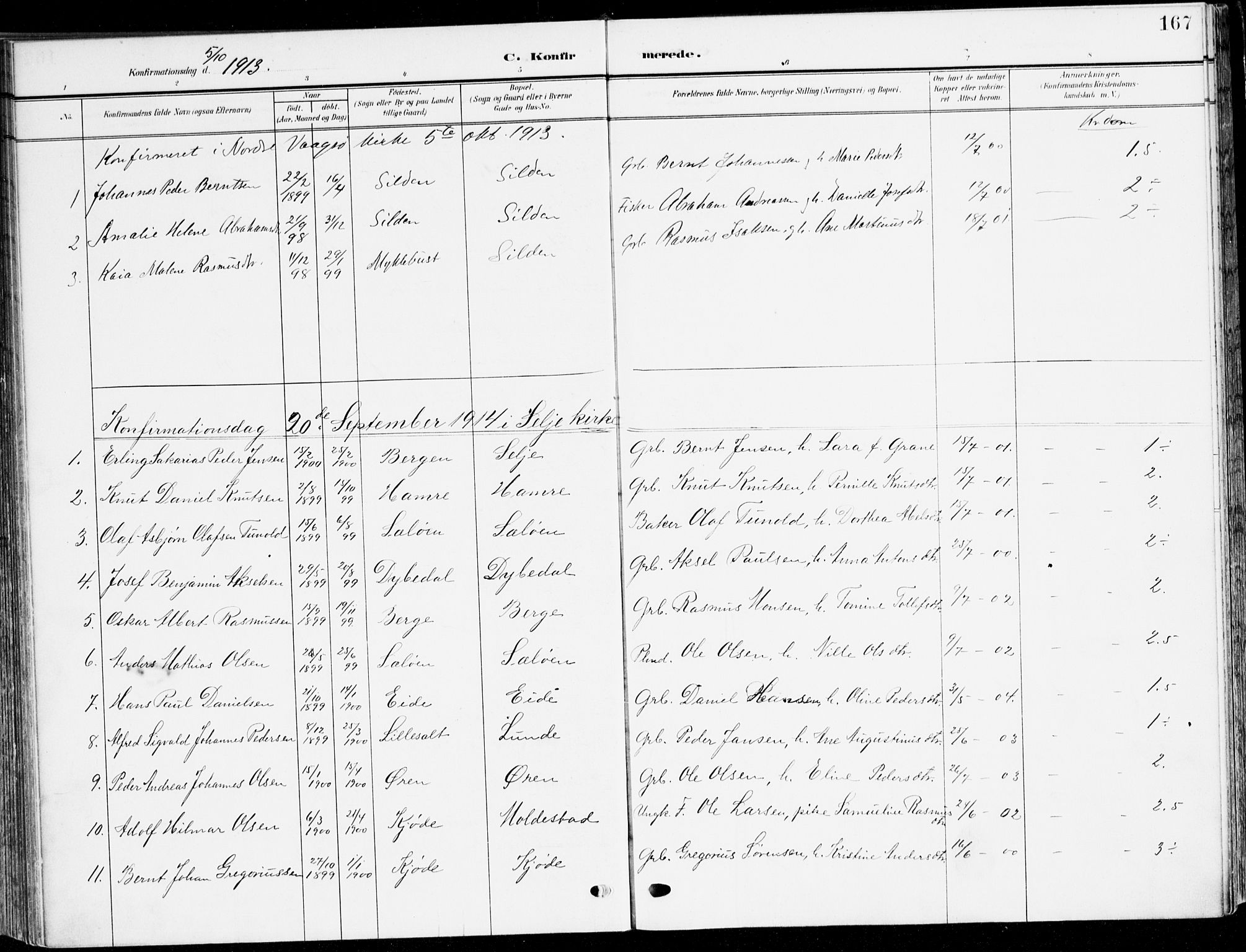 Selje sokneprestembete, AV/SAB-A-99938/H/Ha/Haa/Haab: Parish register (official) no. B 3, 1908-1923, p. 167