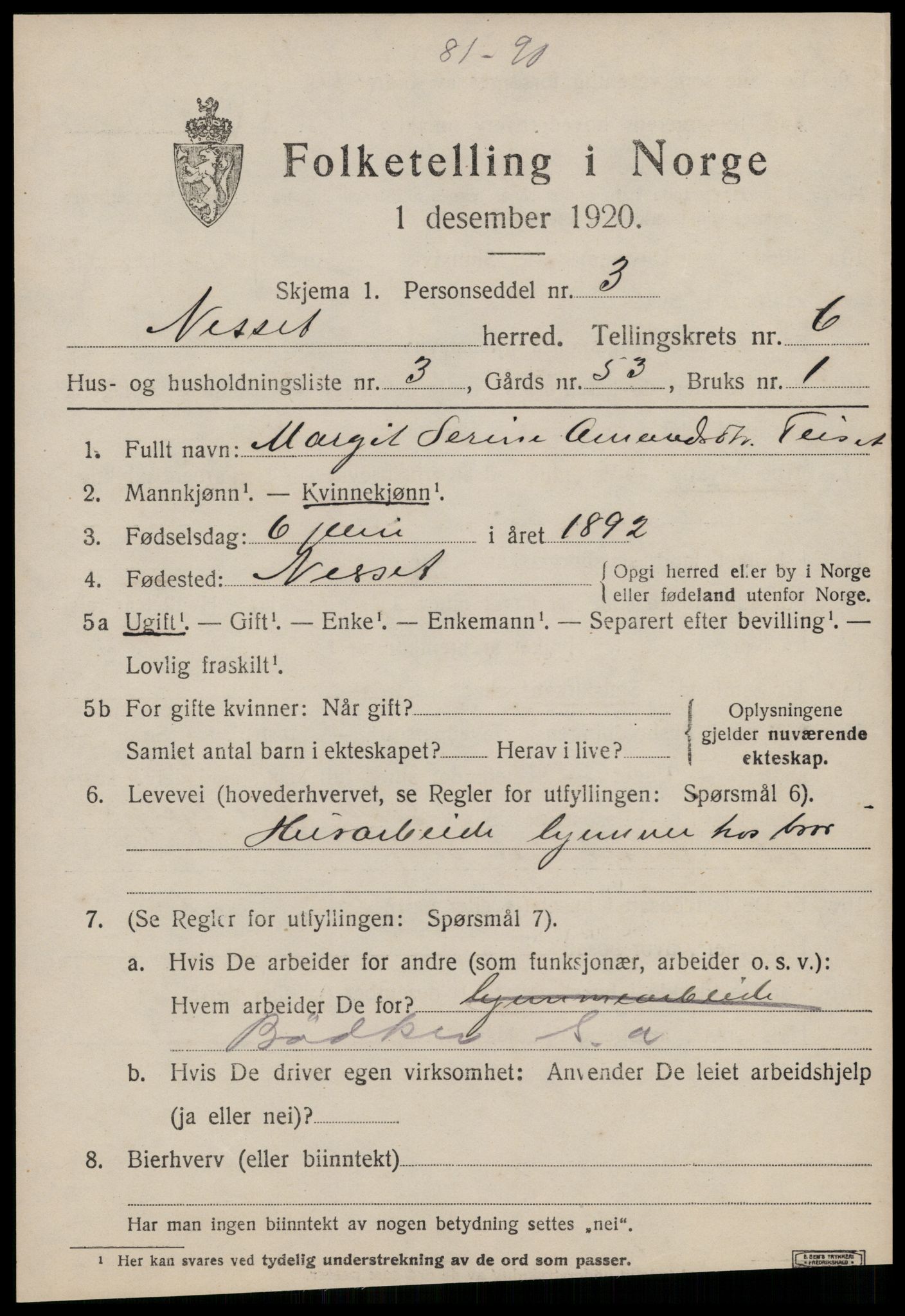 SAT, 1920 census for Nesset, 1920, p. 2820