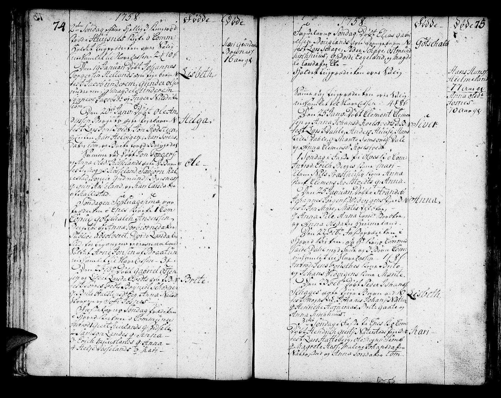 Kvinnherad sokneprestembete, SAB/A-76401/H/Haa: Parish register (official) no. A 3, 1754-1777, p. 74-75